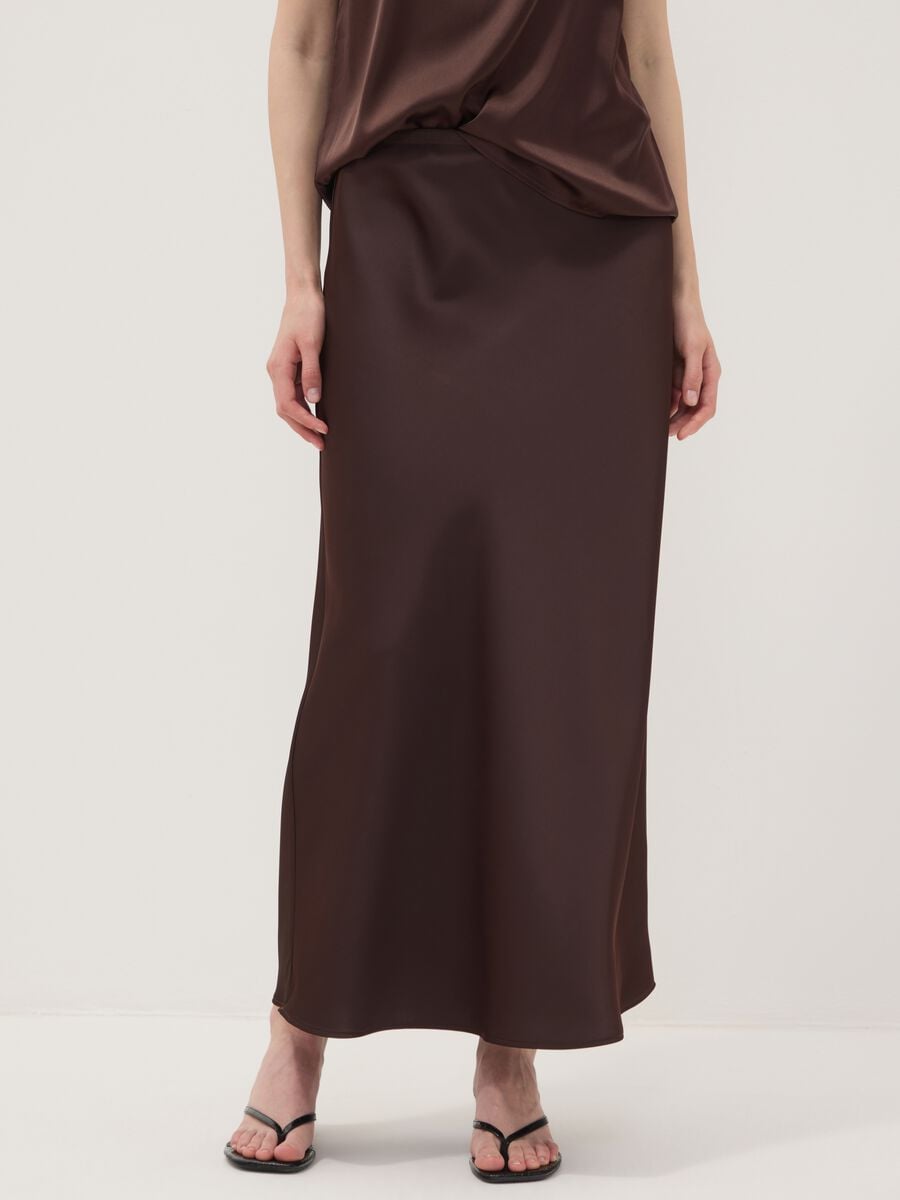 Brown satin maxi skirt with elasticated waistband_1
