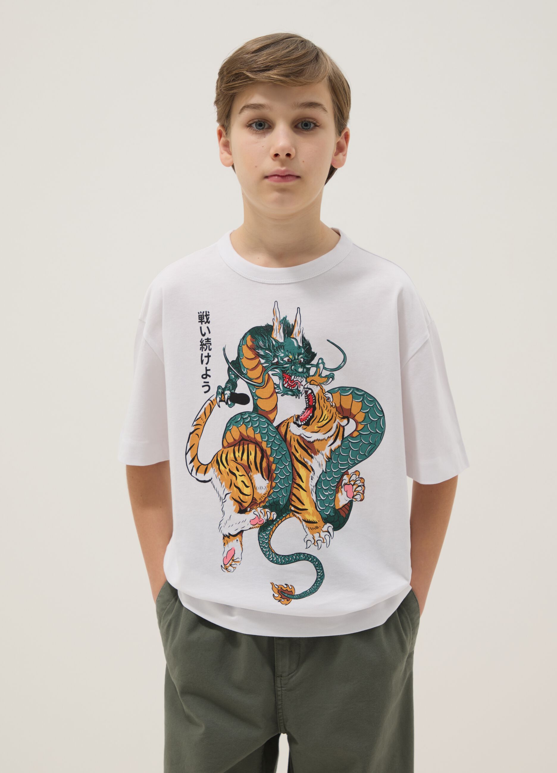 Pure cotton white oversized fit T-shirt with dragon and tiger