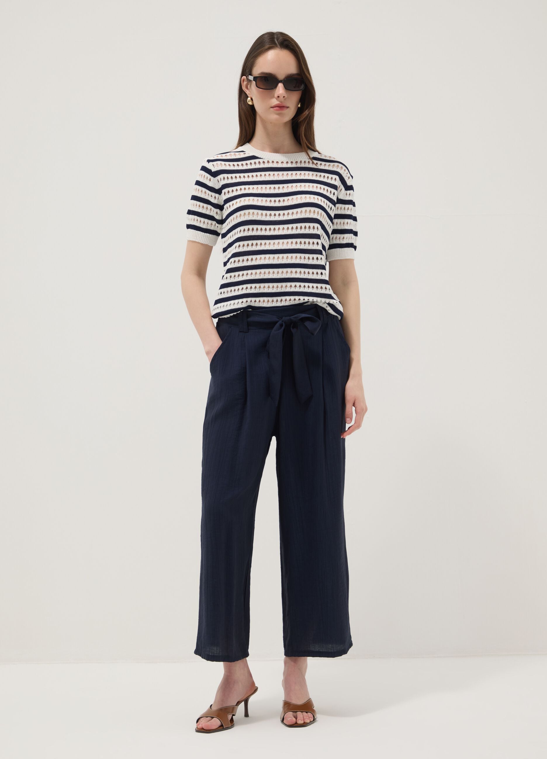 White and blue striped regular-fit openwork viscose-blend T-shirt