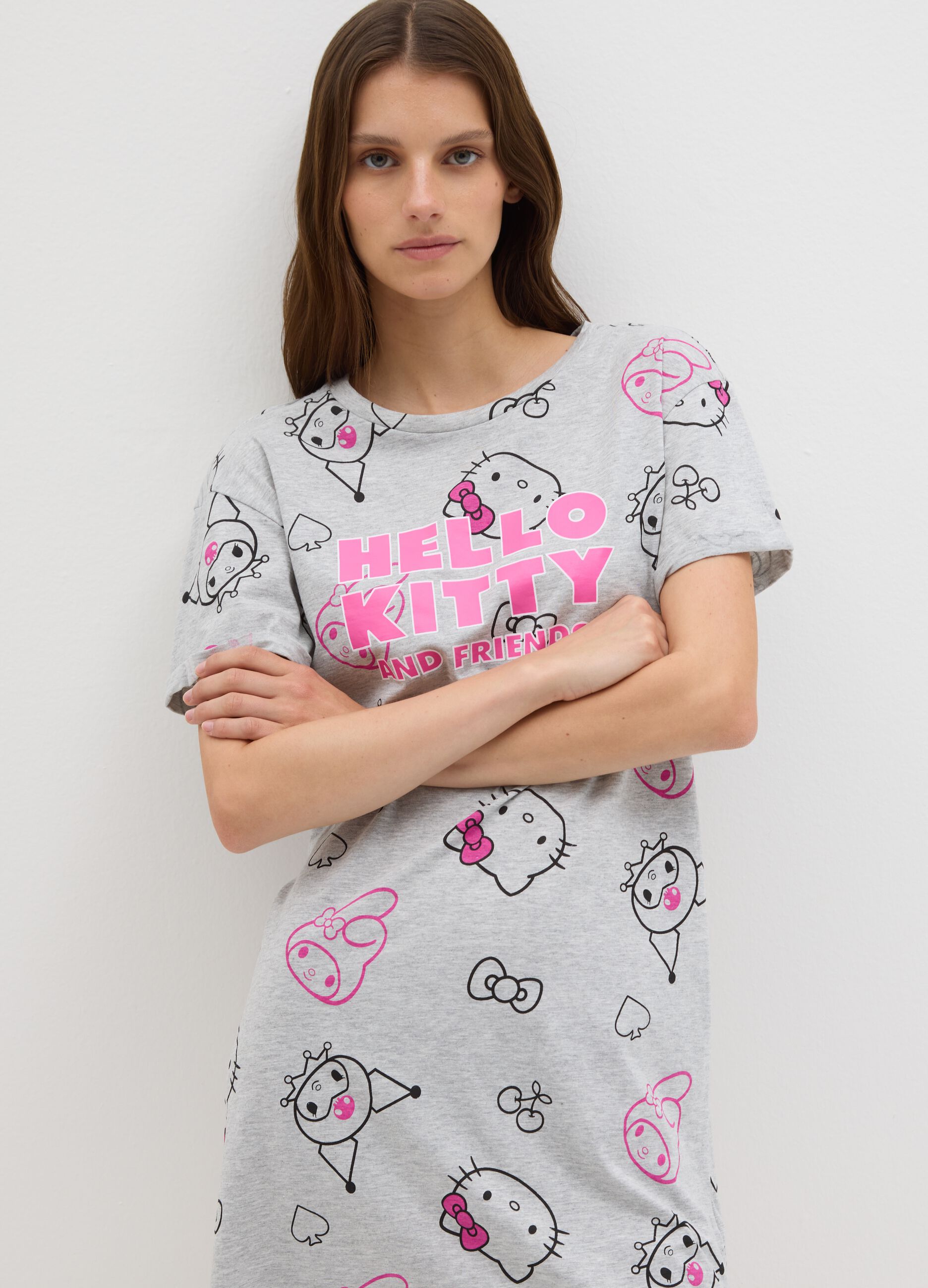 Women's grey cotton blend t-shirt regular fit with Hello Kitty print