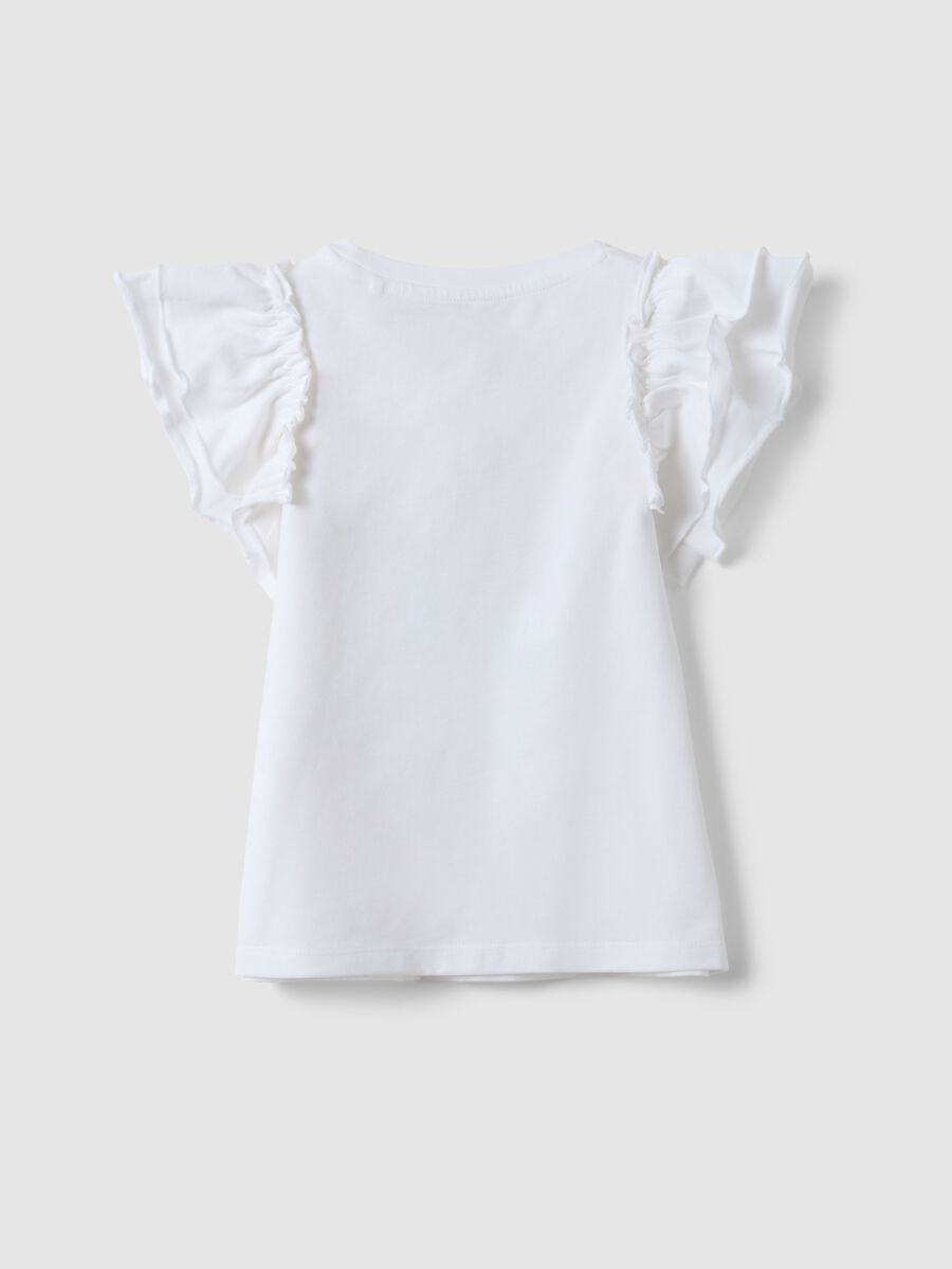 Girls' white stretch cotton T-shirt with frills and print_1