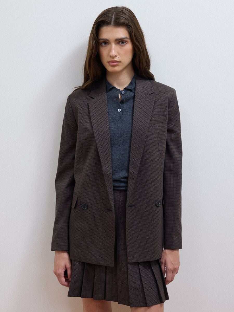 Blazer marrone in viscosa elasticizzata regular fit a microquadri_0