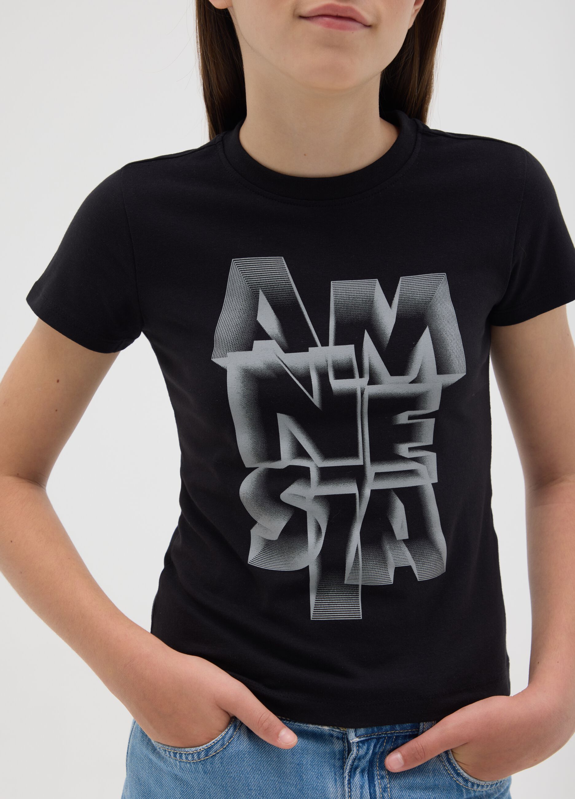 Black stretch cotton T-shirt with print