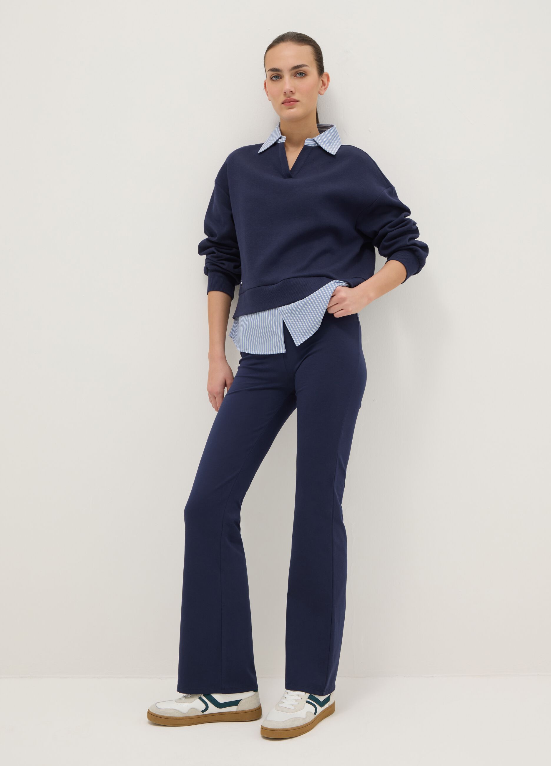 Blue Stretch Cotton Flare Fit Leggings