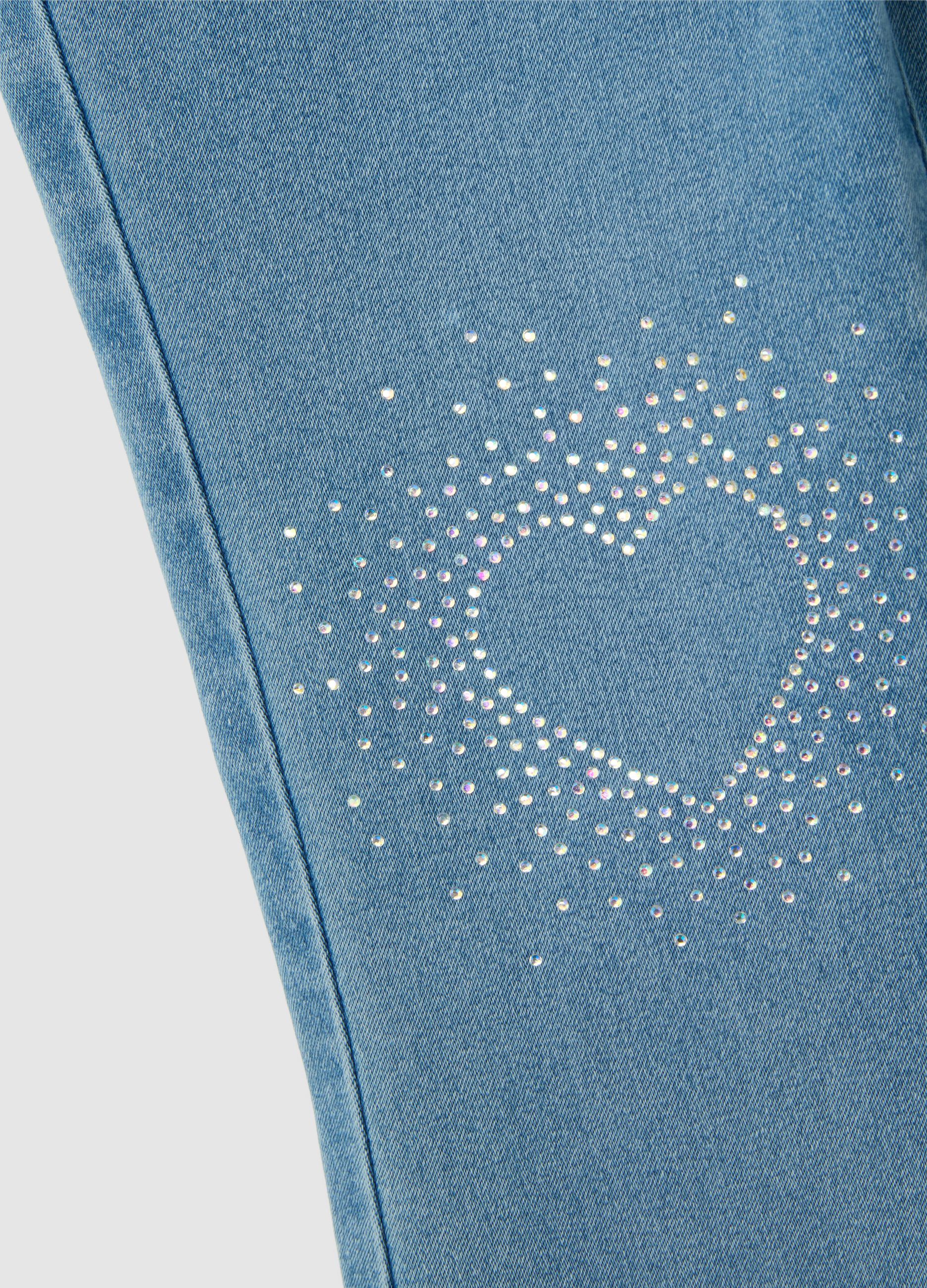 Girls' blue denim flare jeans with rhinestone hearts