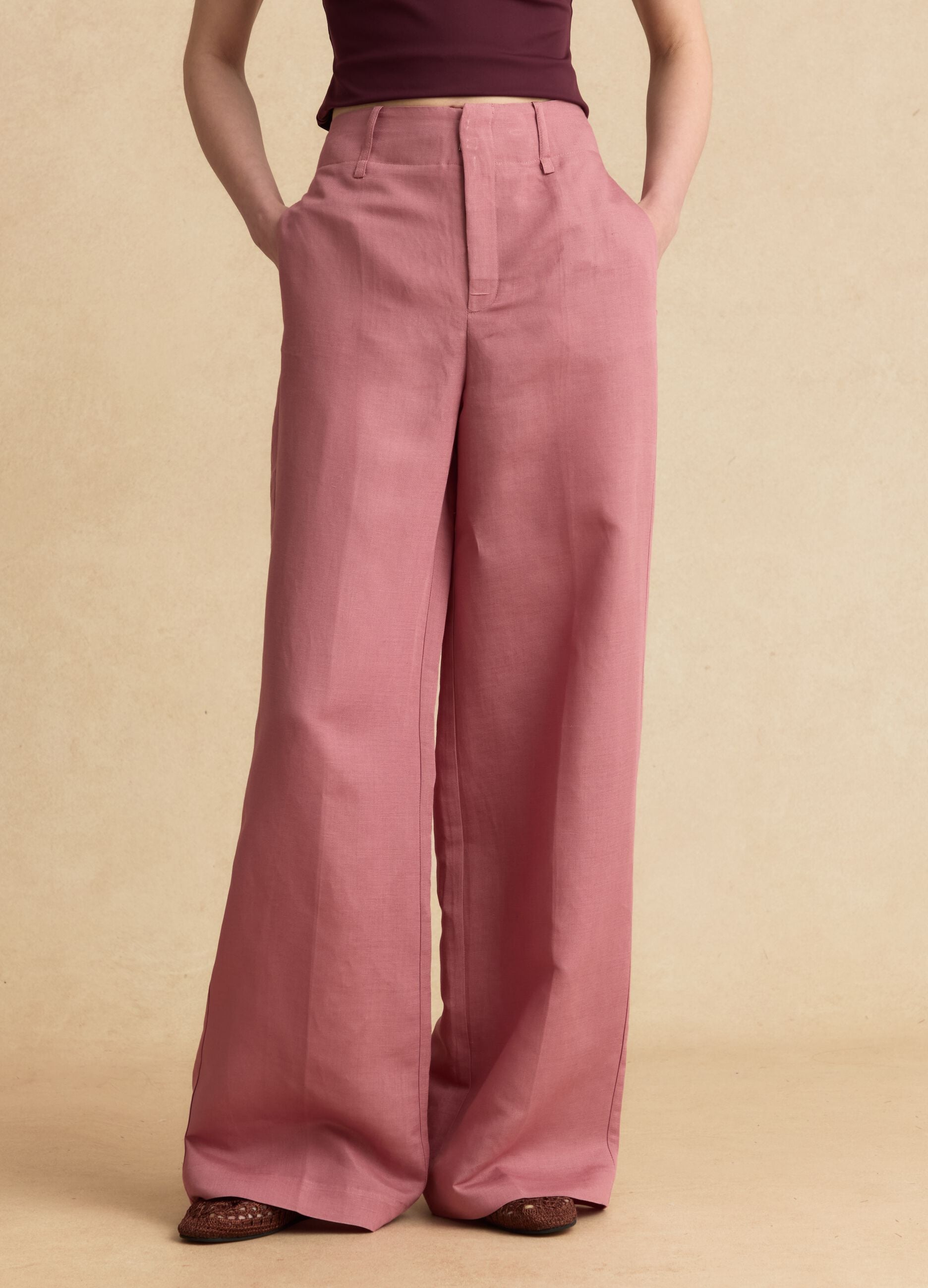 Pink linen-viscose blend wide-leg trousers with structured waistband