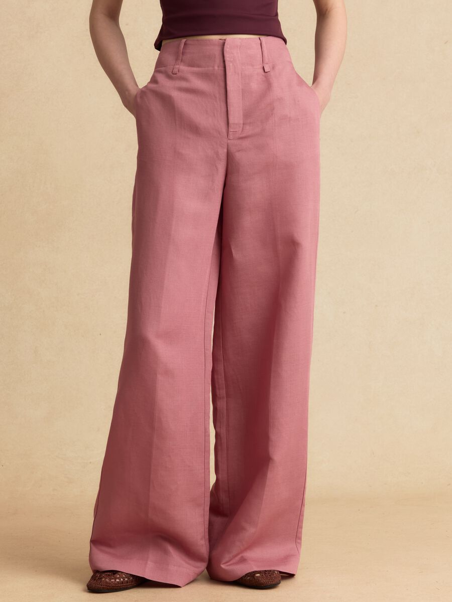 Pantaloni formal rosa in misto lino e viscosa wide leg_1