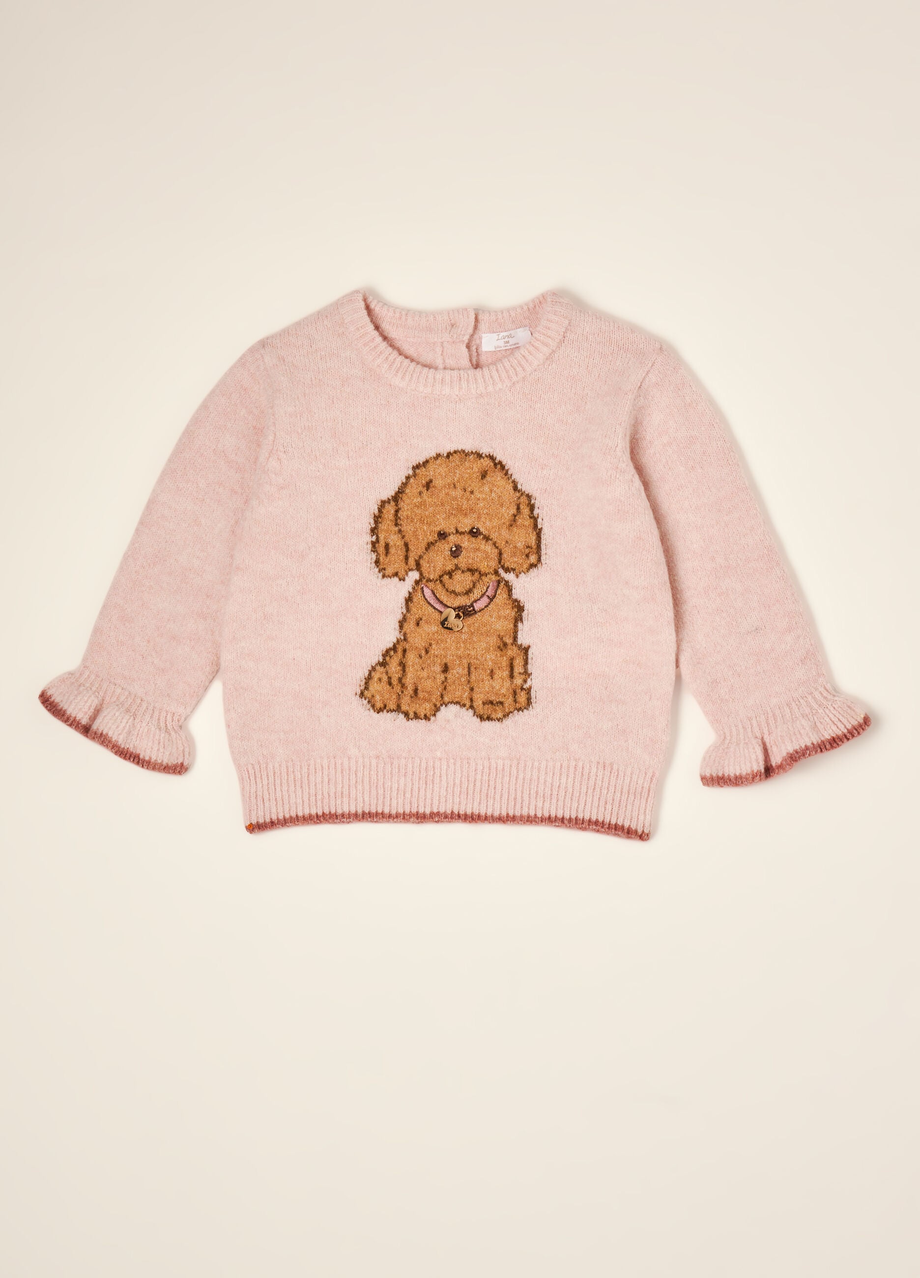 Pink stretch wool jumper with puppy print