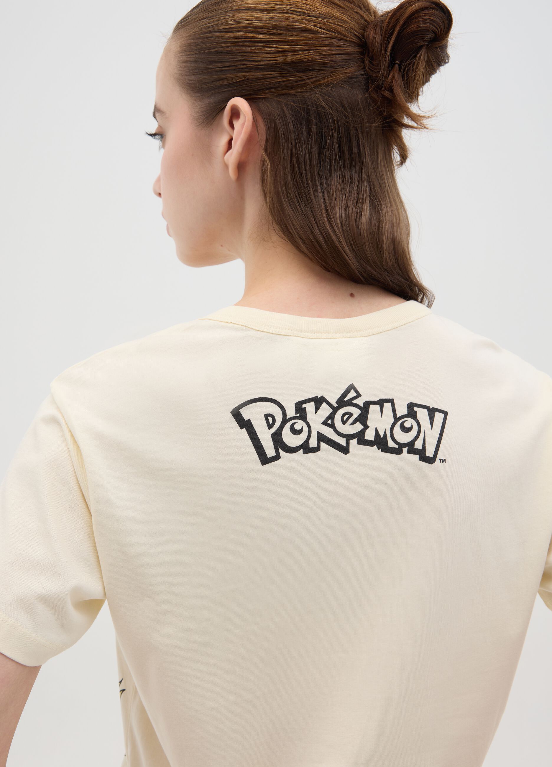 White cotton T-shirt with Eevee and Pikachu print