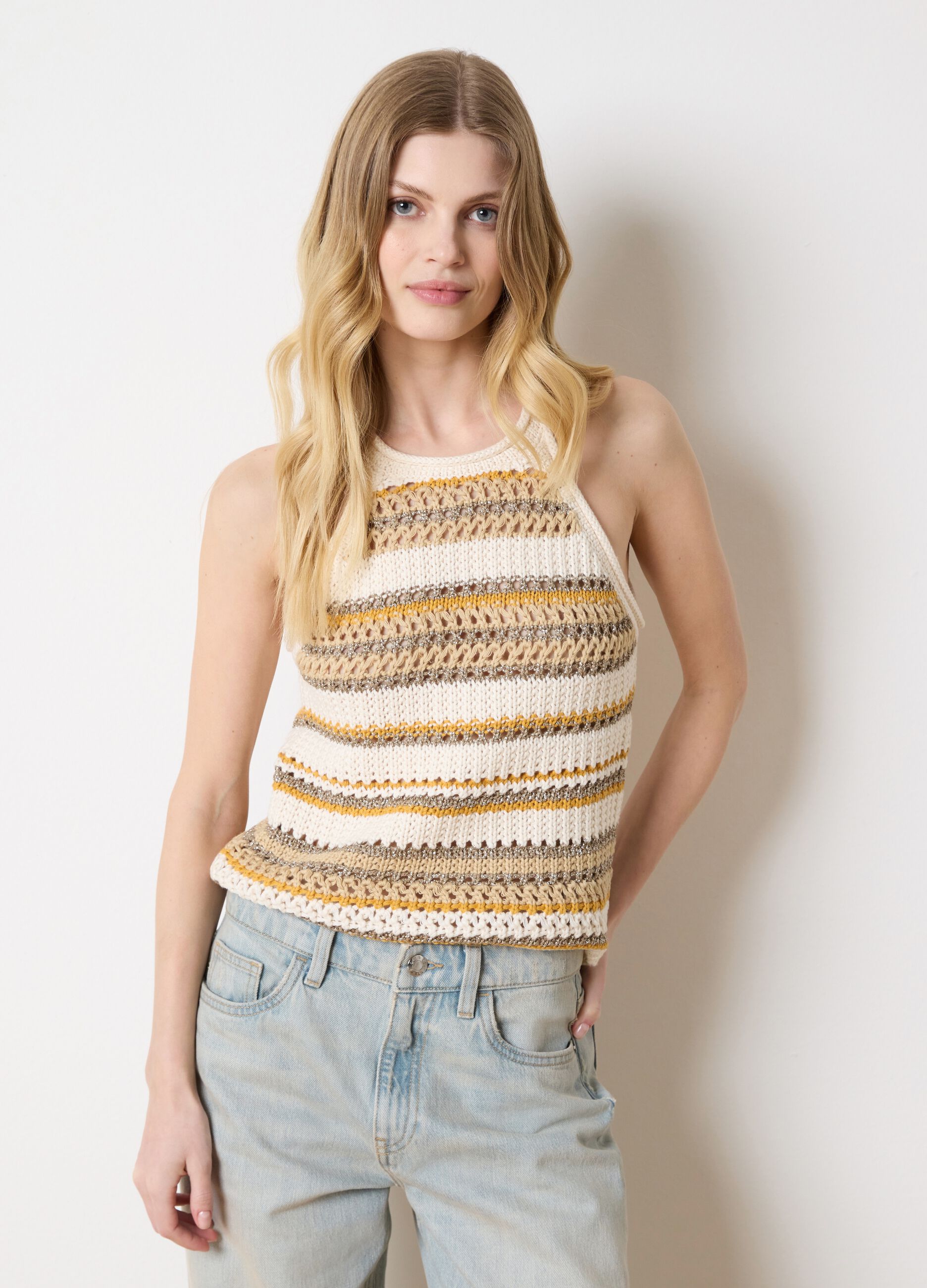 Beige and yellow striped crochet tank top with lurex details