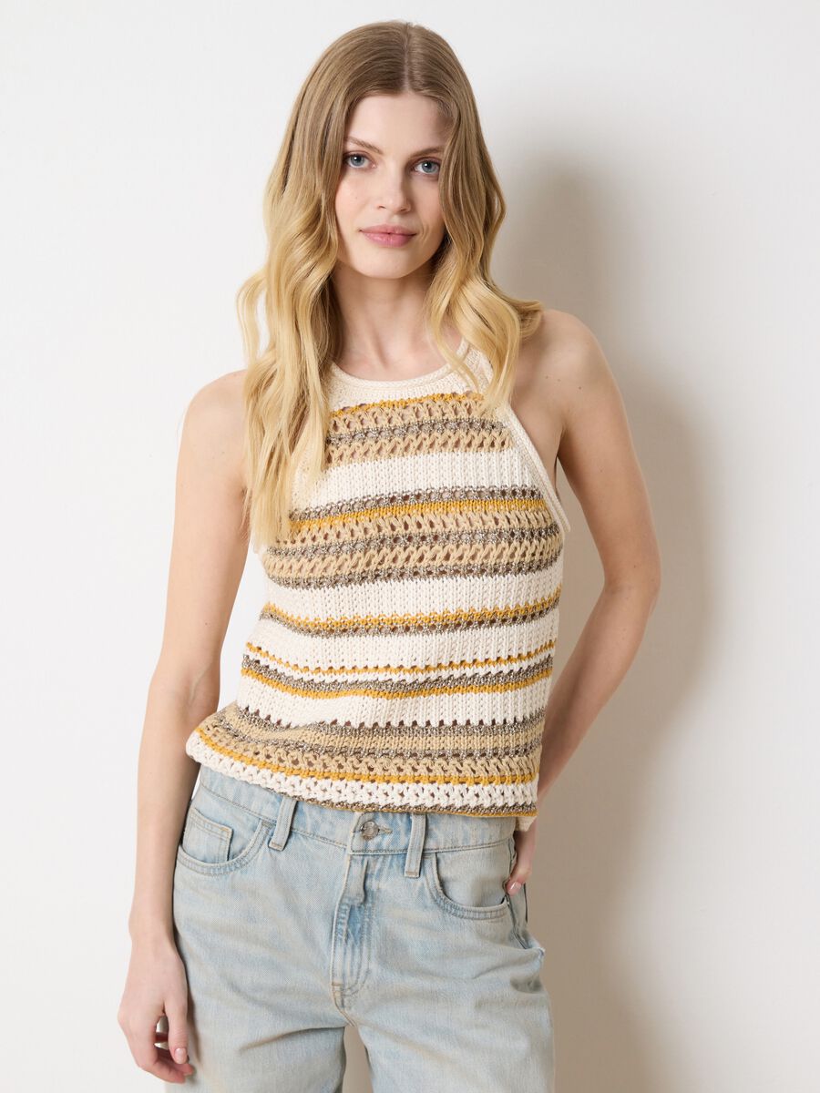 Beige and yellow striped crochet tank top with lurex details_1