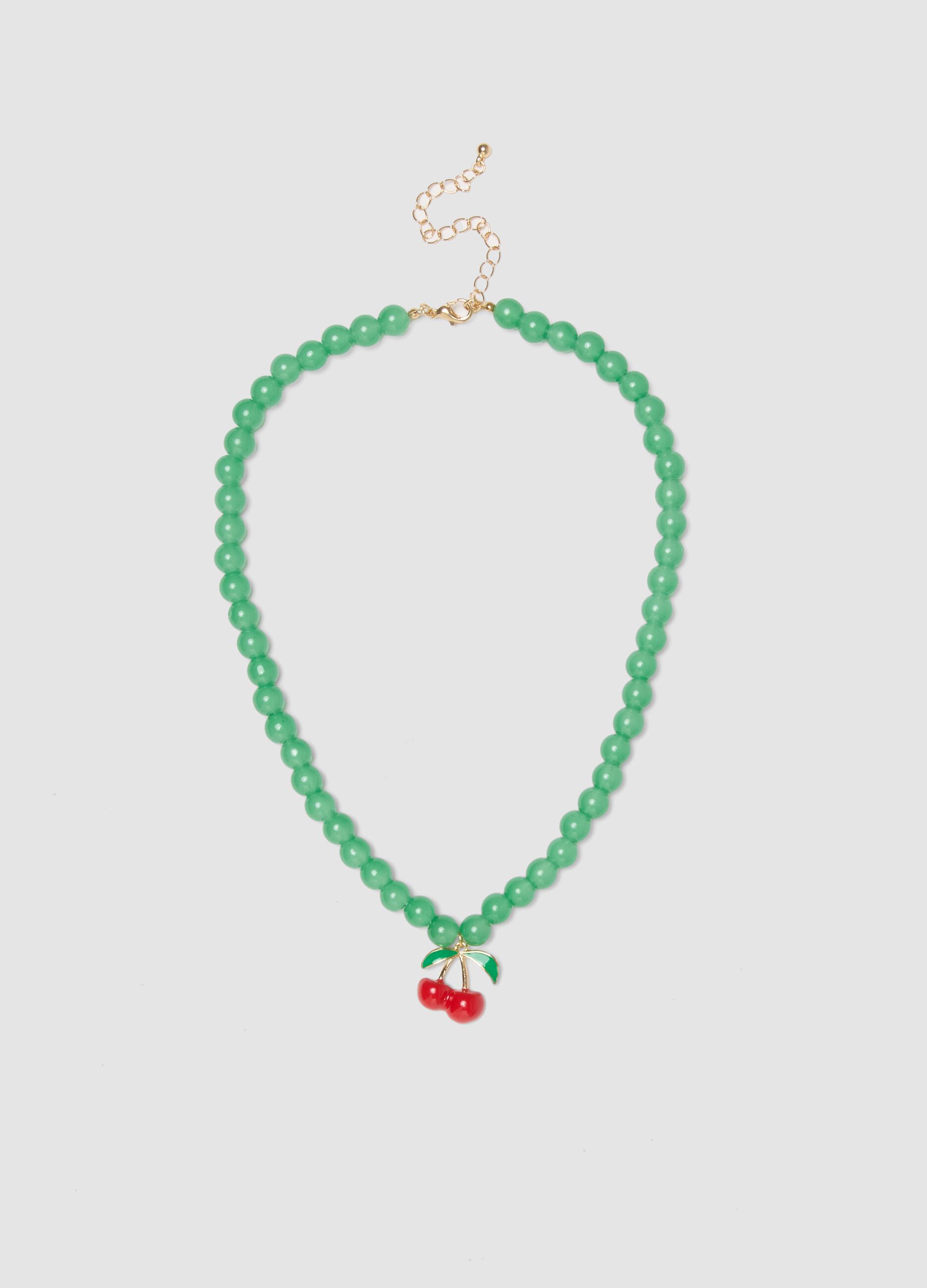 Green Necklace with Cherry Pendant