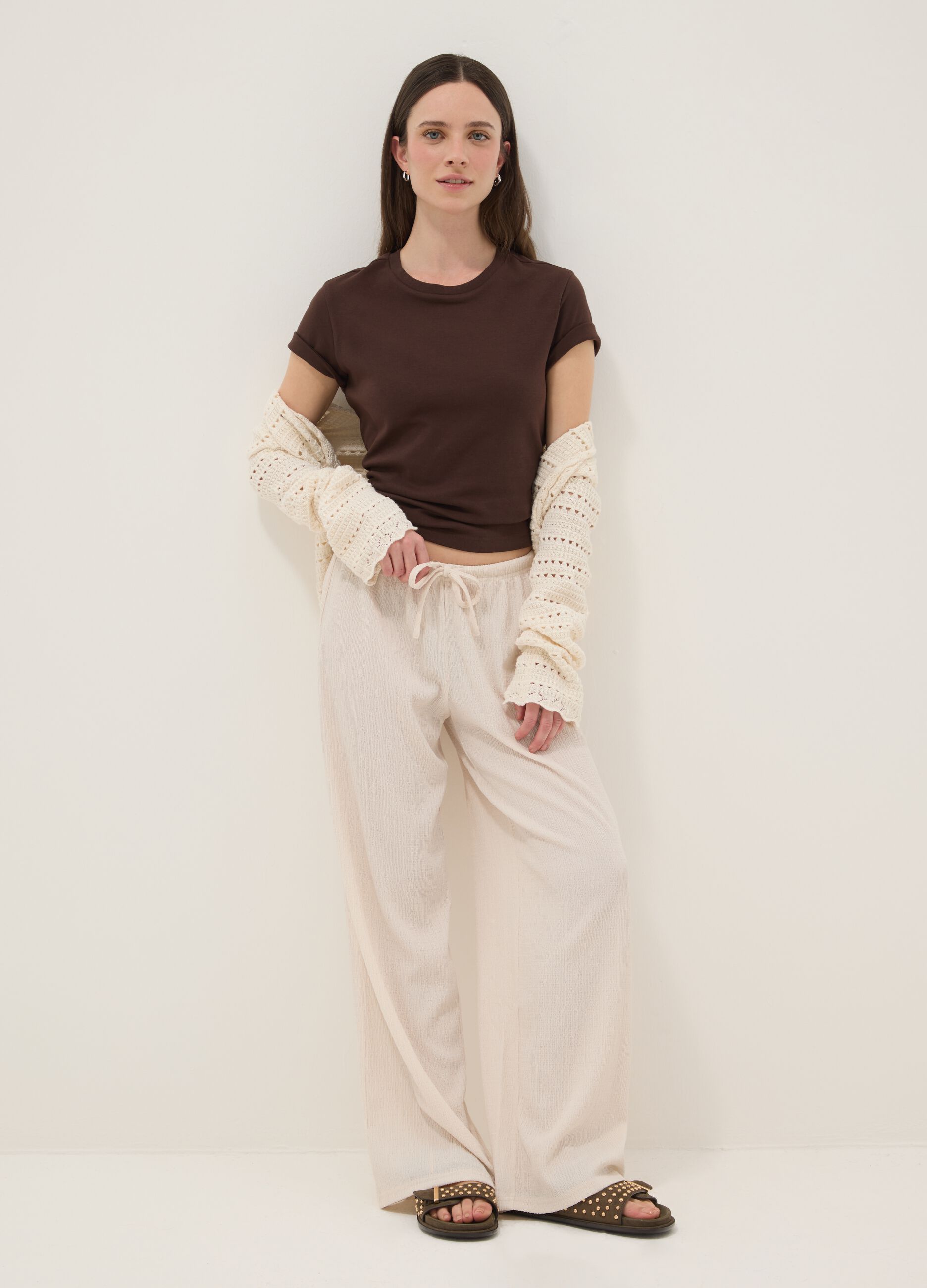 Beige wide leg jogger trousers
