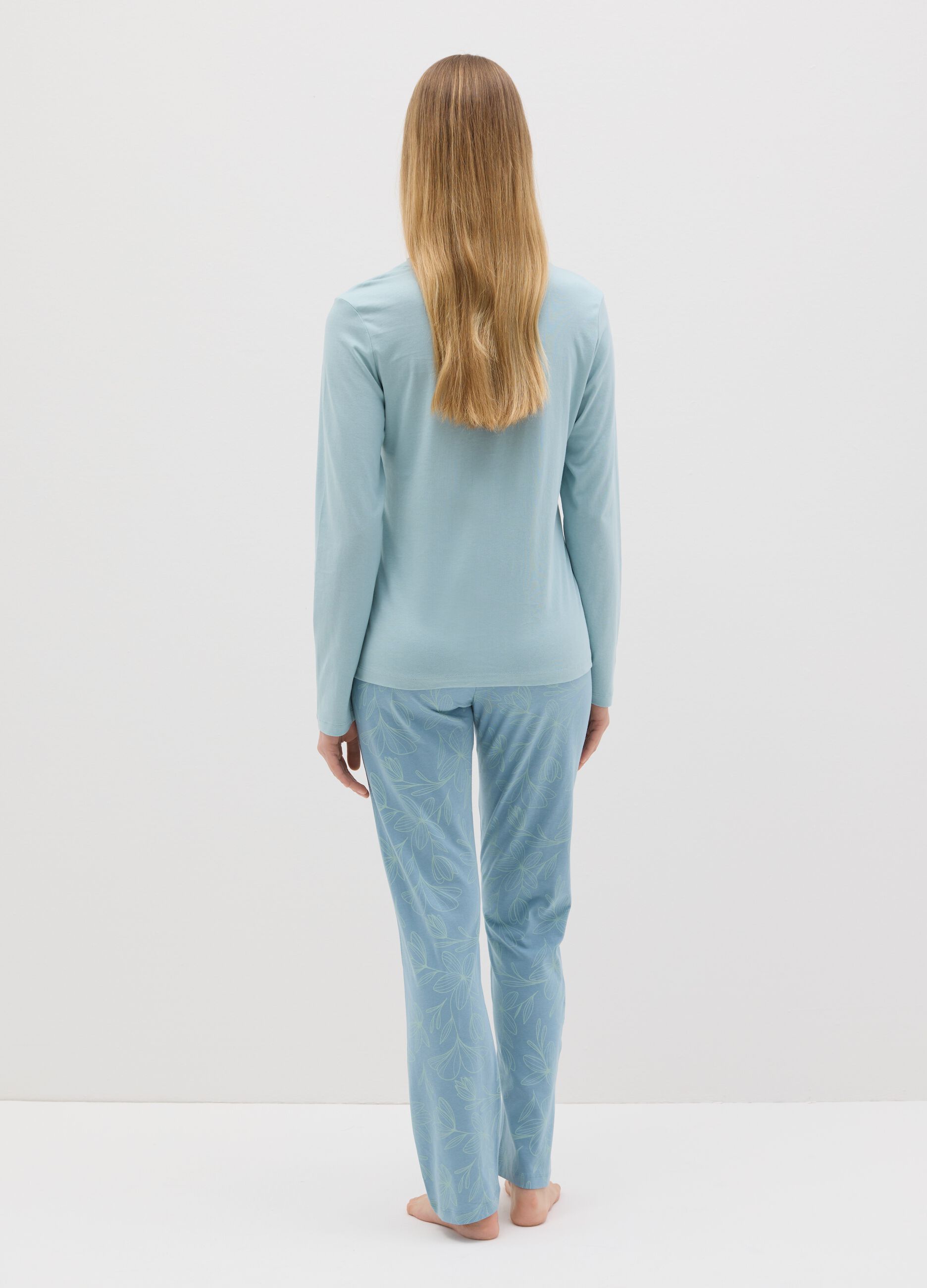 Light blue cotton pyjamas with granddad neckline and print