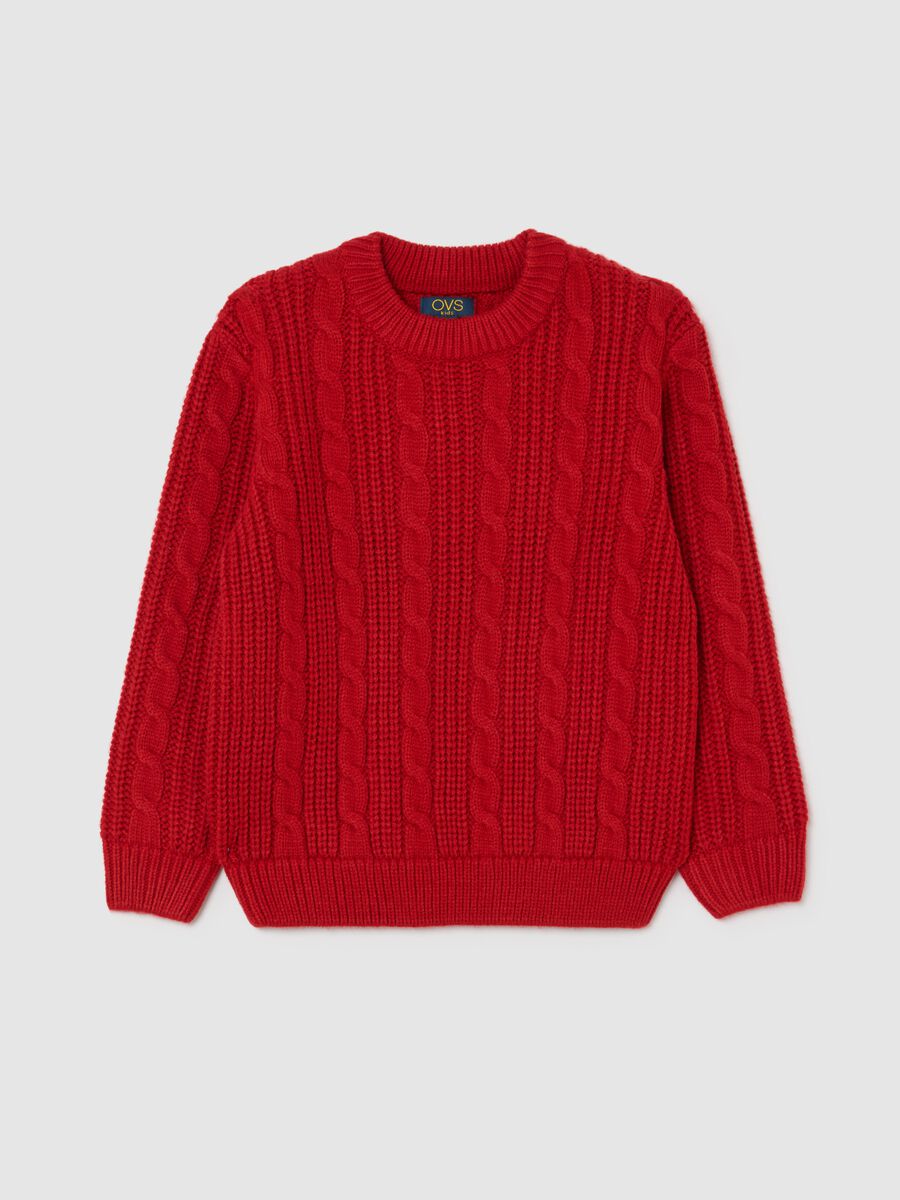 Children's Red Crew Neck Sweater - Regular Fit with Cable Design_1