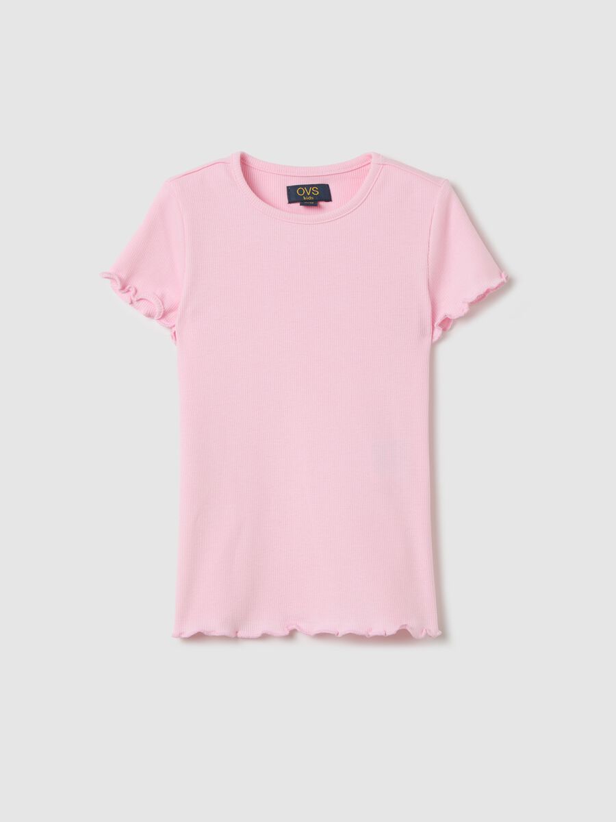 Pink ribbed T-shirt with wavy edging_0