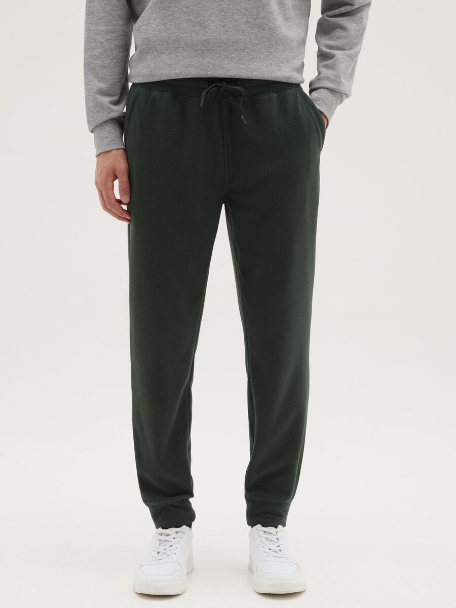 Regular Fit Green Fleece Trousers with Elastic Waist_0