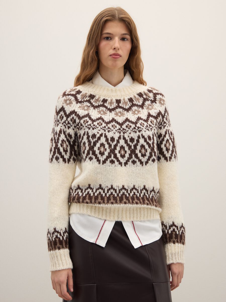 Beige pullover with multicolour jacquard patterns regular fit_1