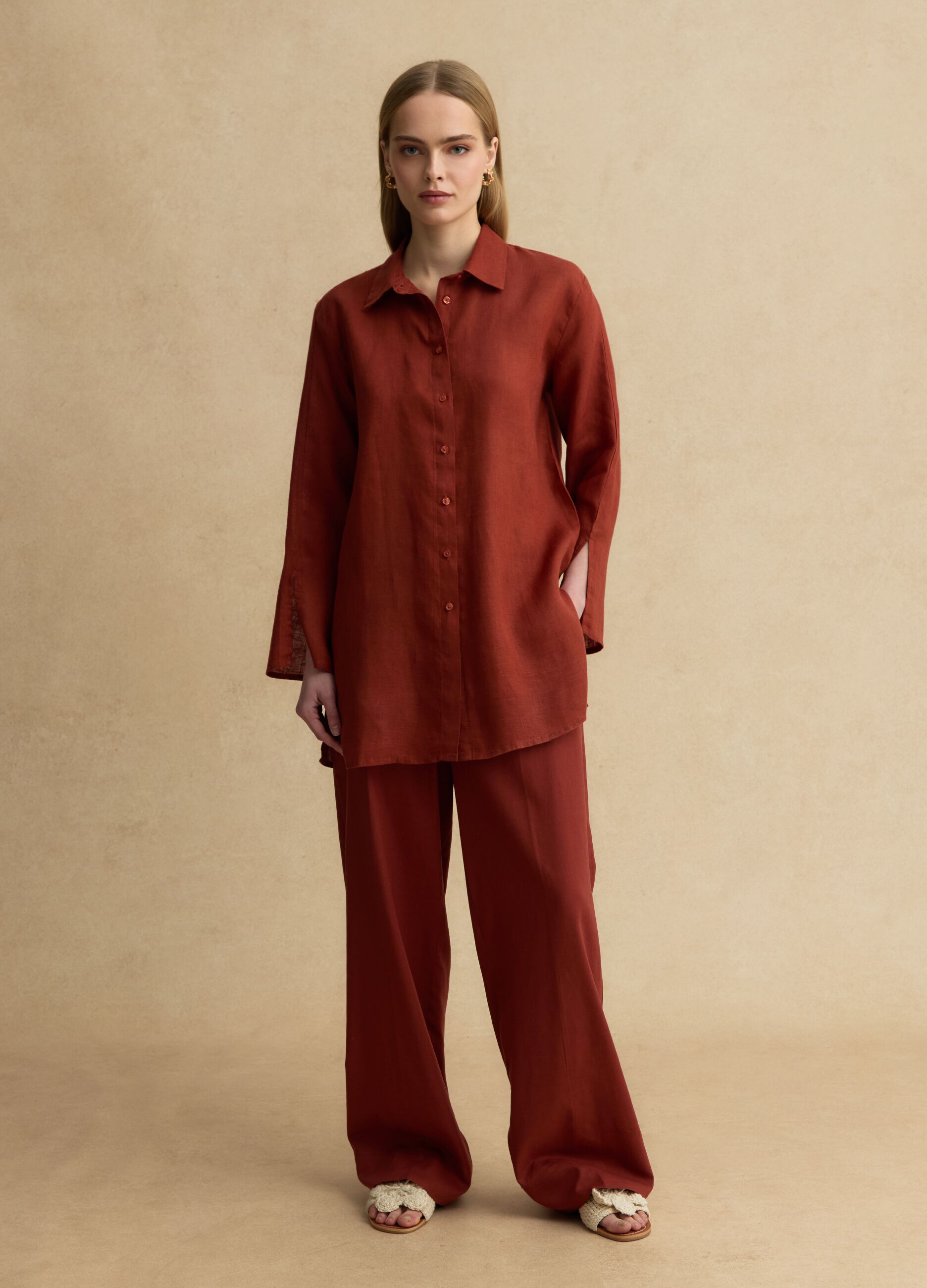 Long oversized pure red linen shirt