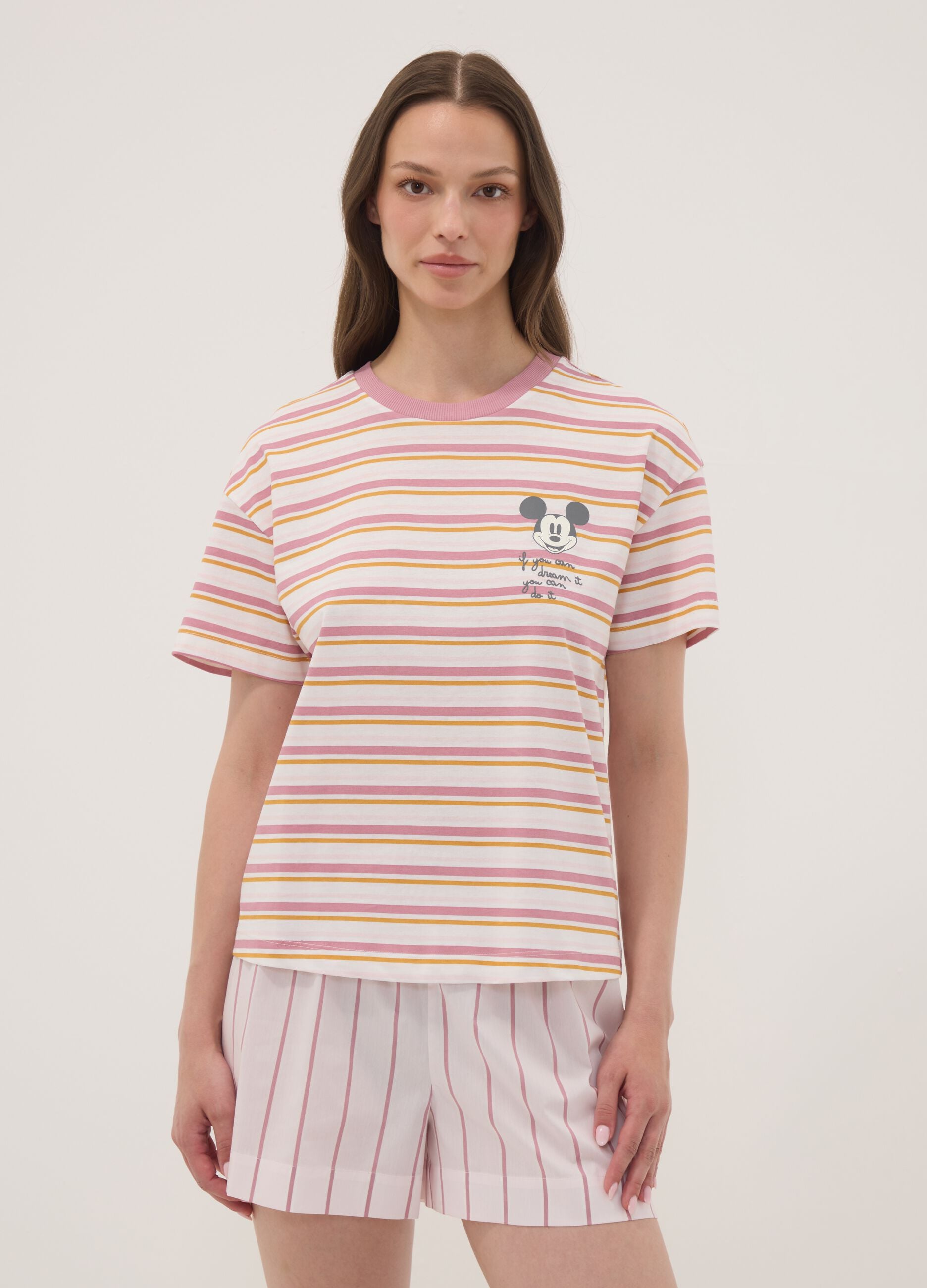 White striped organic cotton pyjama T-shirt with Mickey Mouse print