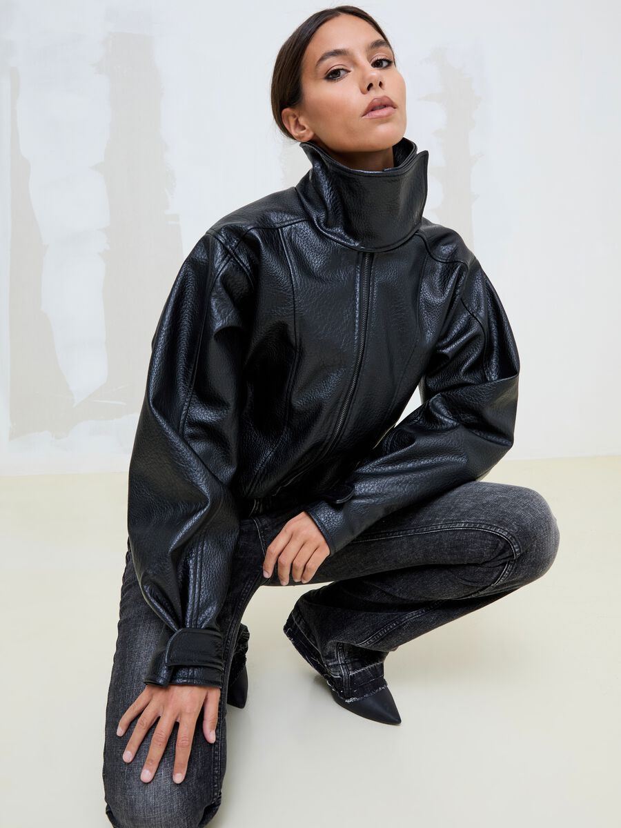 Oversized Faux Leather Jacket Black_1