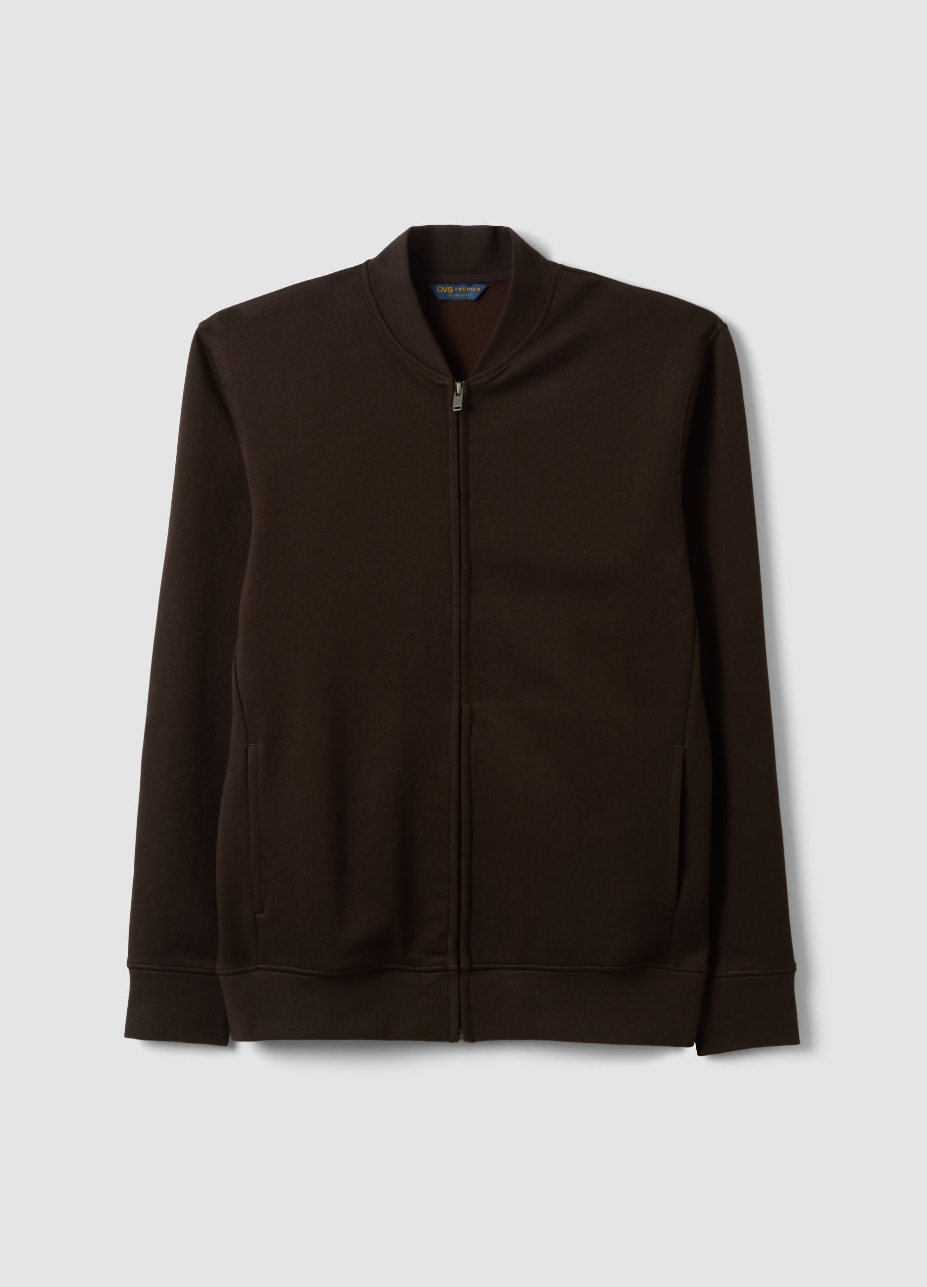 Brown full-zip sweatshirt in stretch piqu&eacute; with ribbed collar