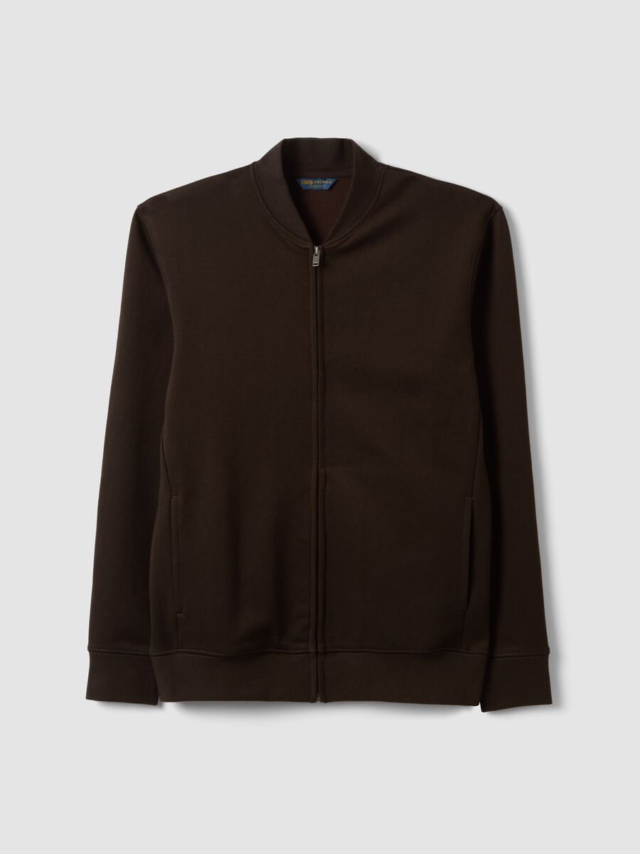 Brown full-zip sweatshirt in stretch piqu&eacute; with ribbed collar_0
