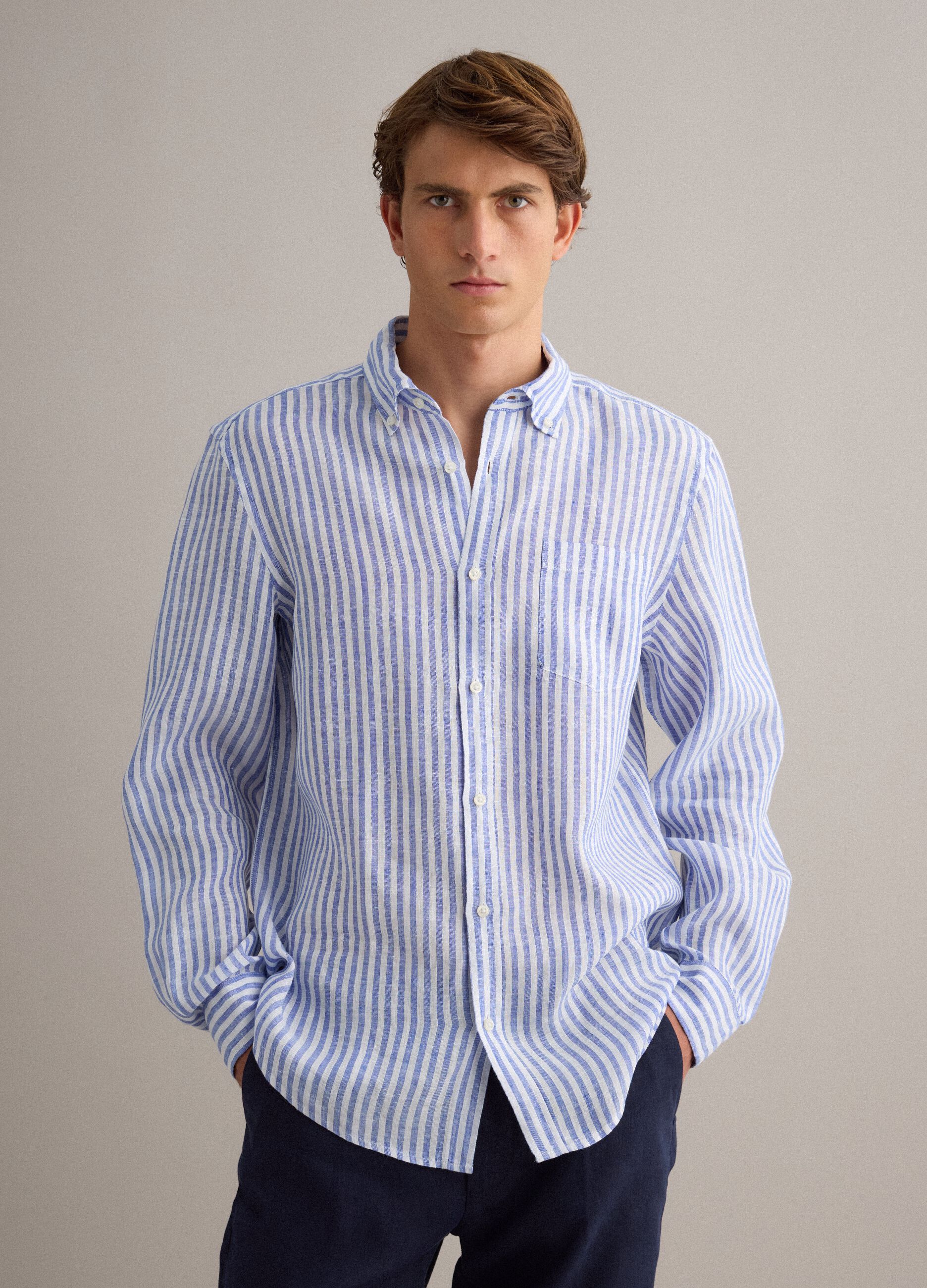 Blue striped pure linen shirt &ndash; regular fit