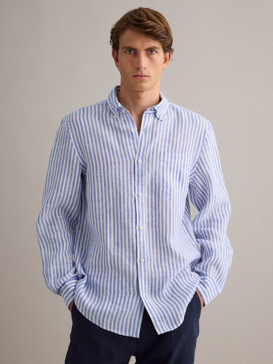 Blue striped pure linen shirt &ndash; regular fit_0