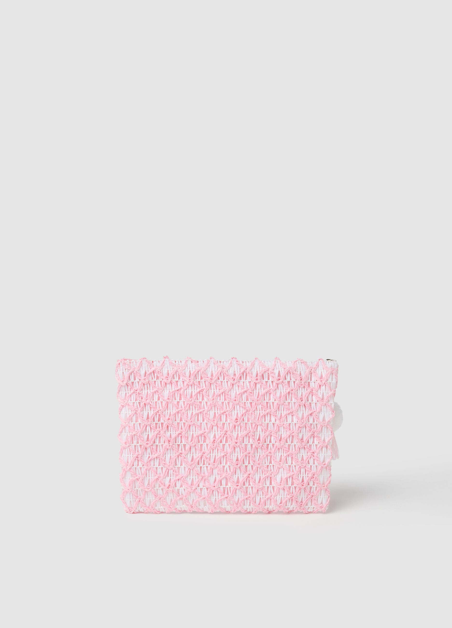 Pink and White Raffia Clutch