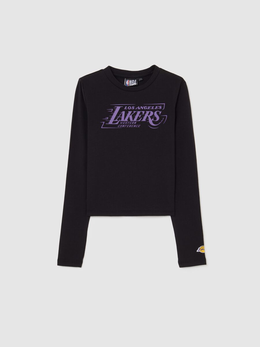 T-shirt nera da ragazza in misto cotone slim fit con stampa Lakers_3