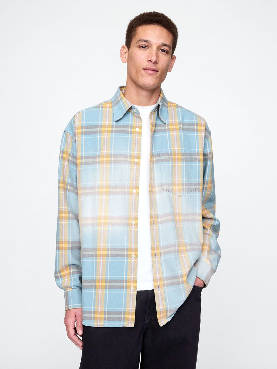 Blue and yellow plaid cotton shirt_0