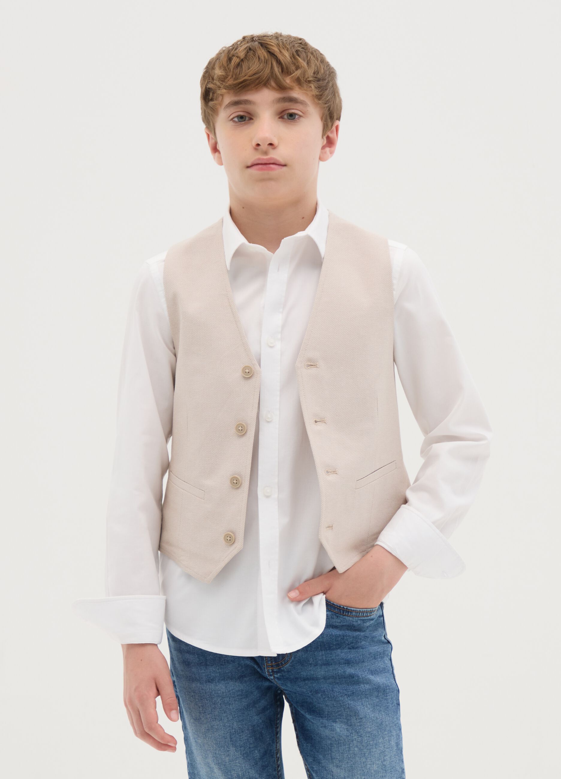 Gilet per ragazzo in puro cotone beige slim fit