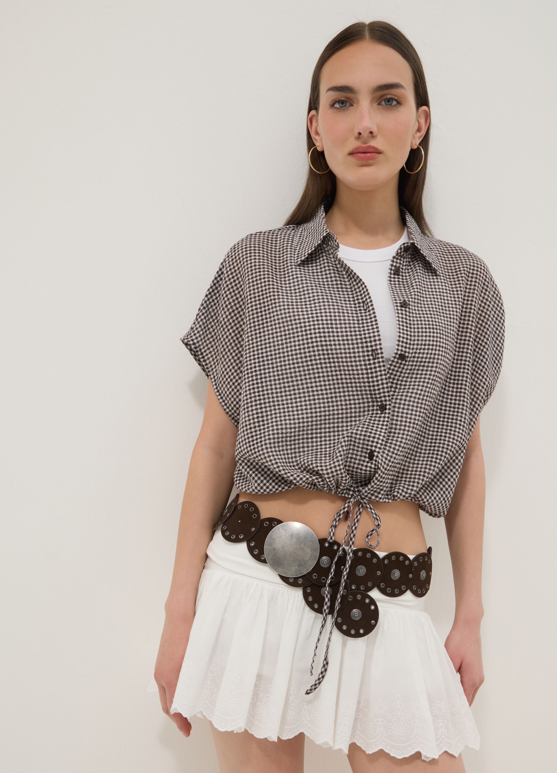 Camicia crop a quadretti multicolor in cotone elasticizzato
