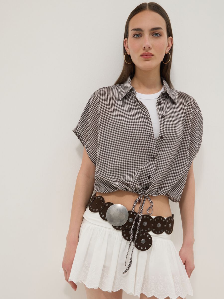 Multicoloured gingham cropped stretch-cotton shirt_0