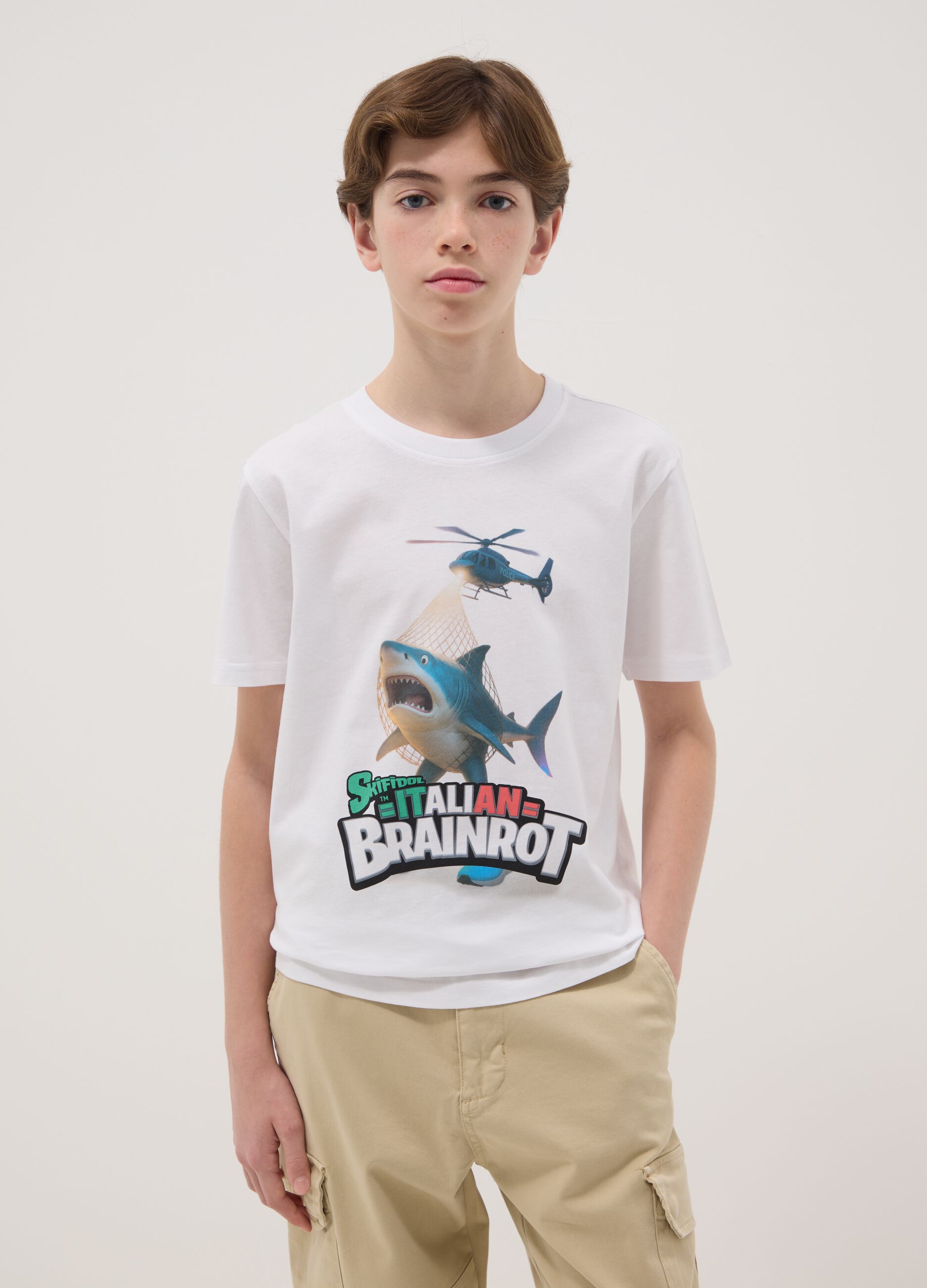 Boys' white pure cotton t-shirt regular fit with print