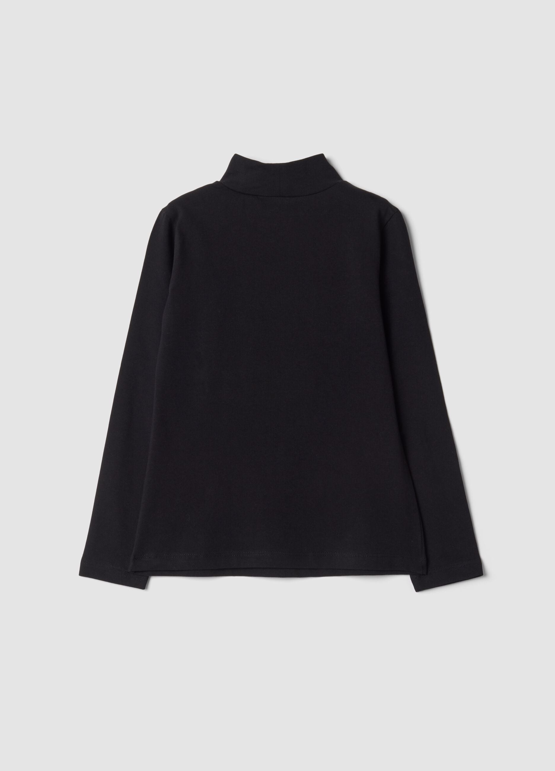 Black stretch cotton T-shirt with high neck