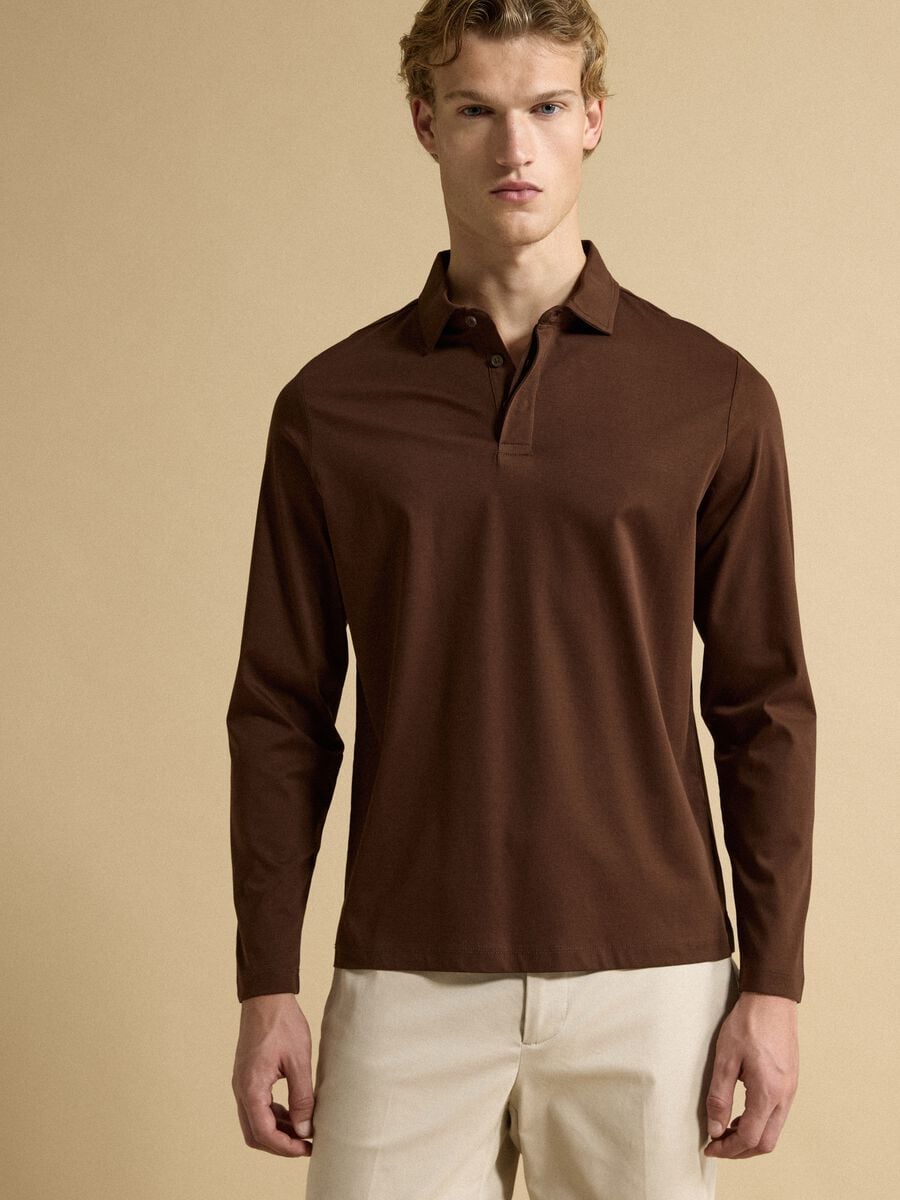 Polo marrone in puro cotone a maniche lunghe_1