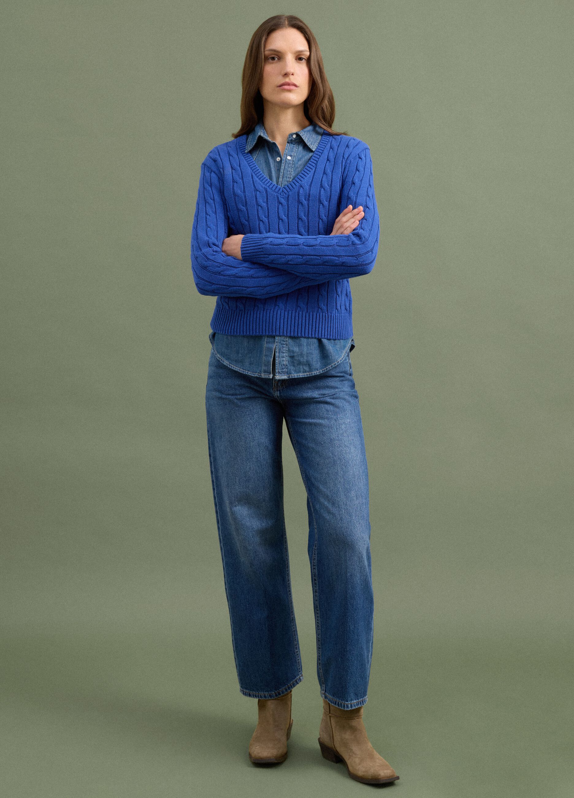 Blue pure cotton cable-knit jumper with deep V-neck