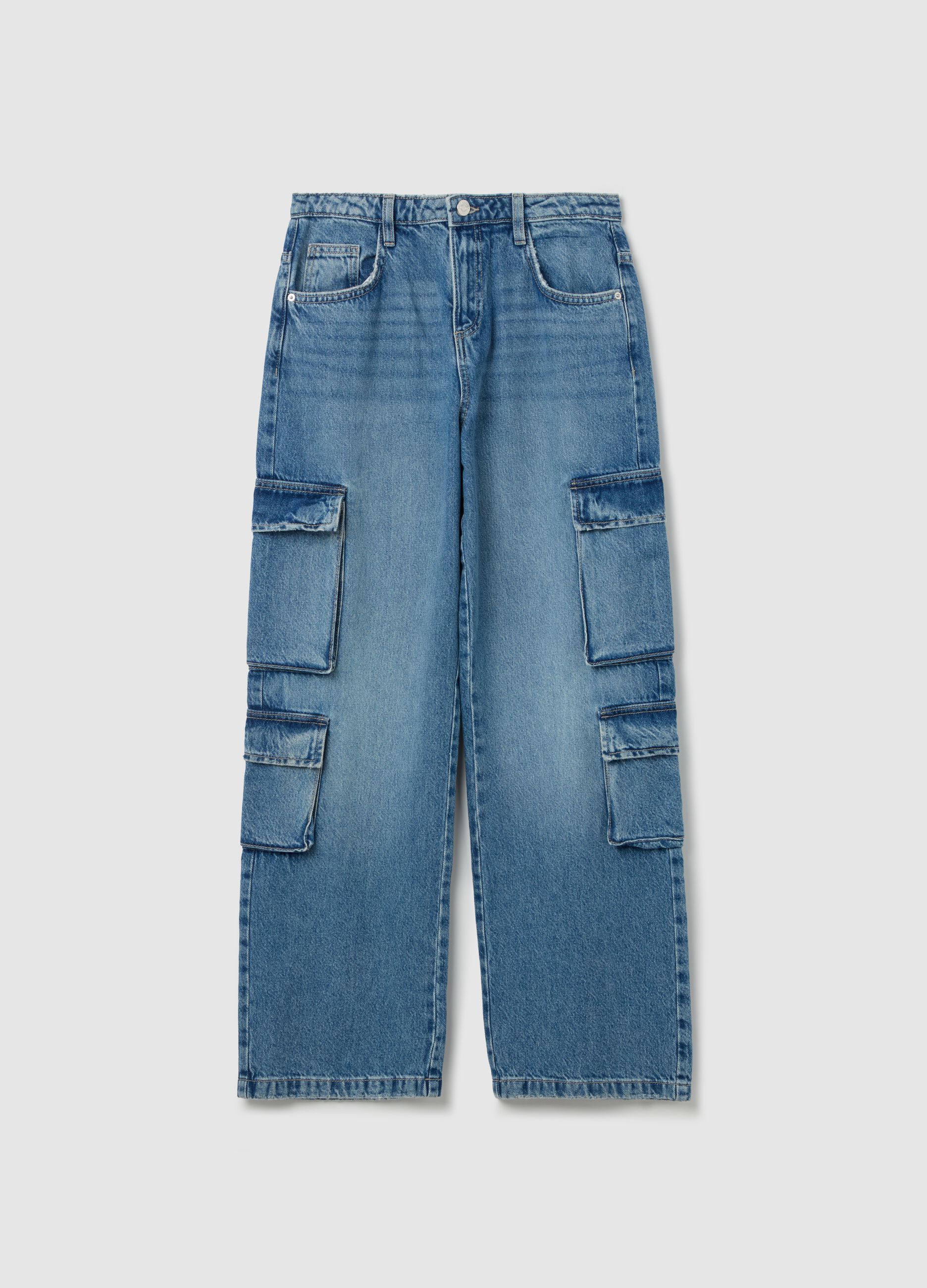 Acid wash cargo jeans with multiple pockets