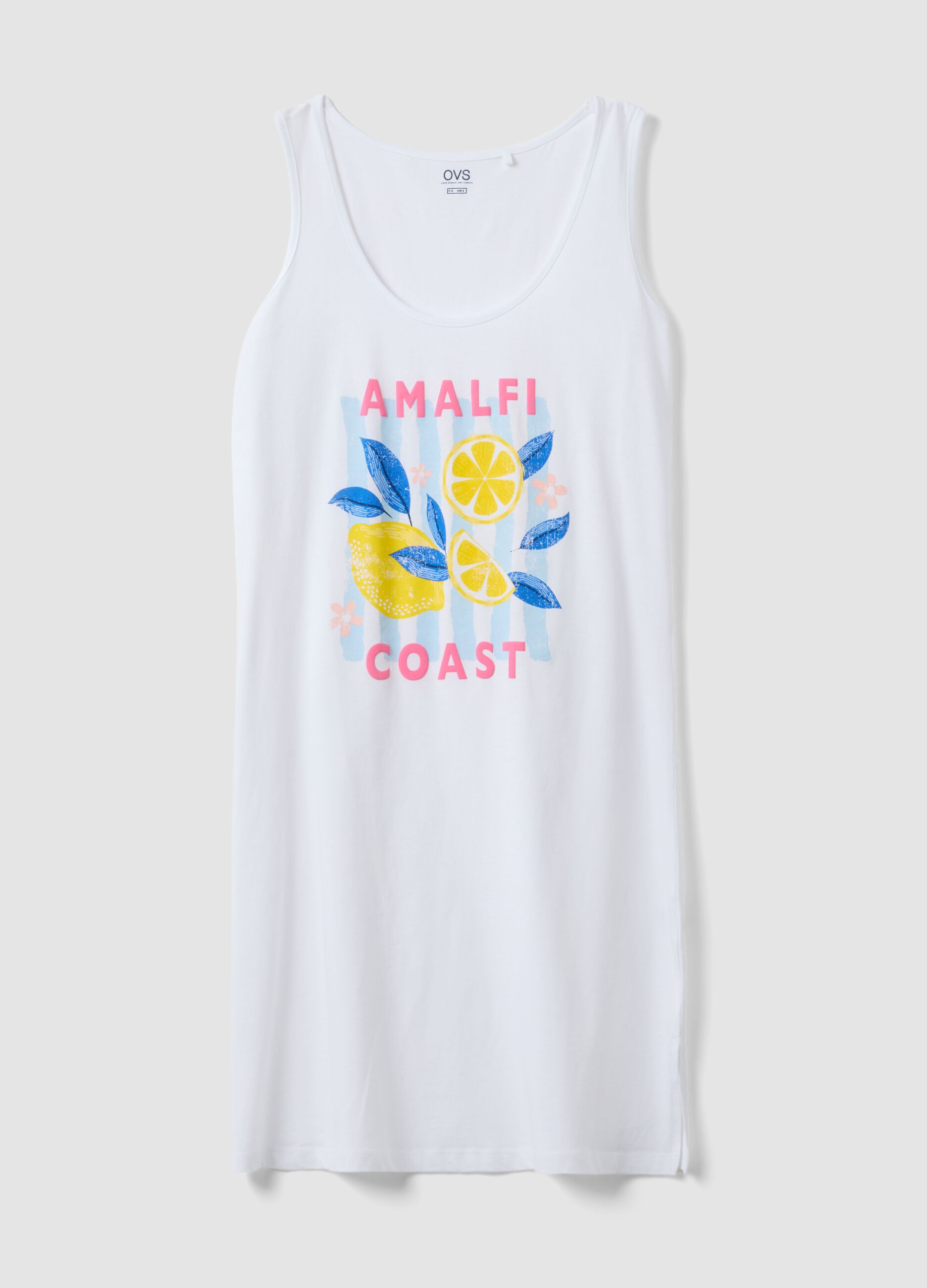 Camicia da notte senza maniche in puro cotone bianca con stampa