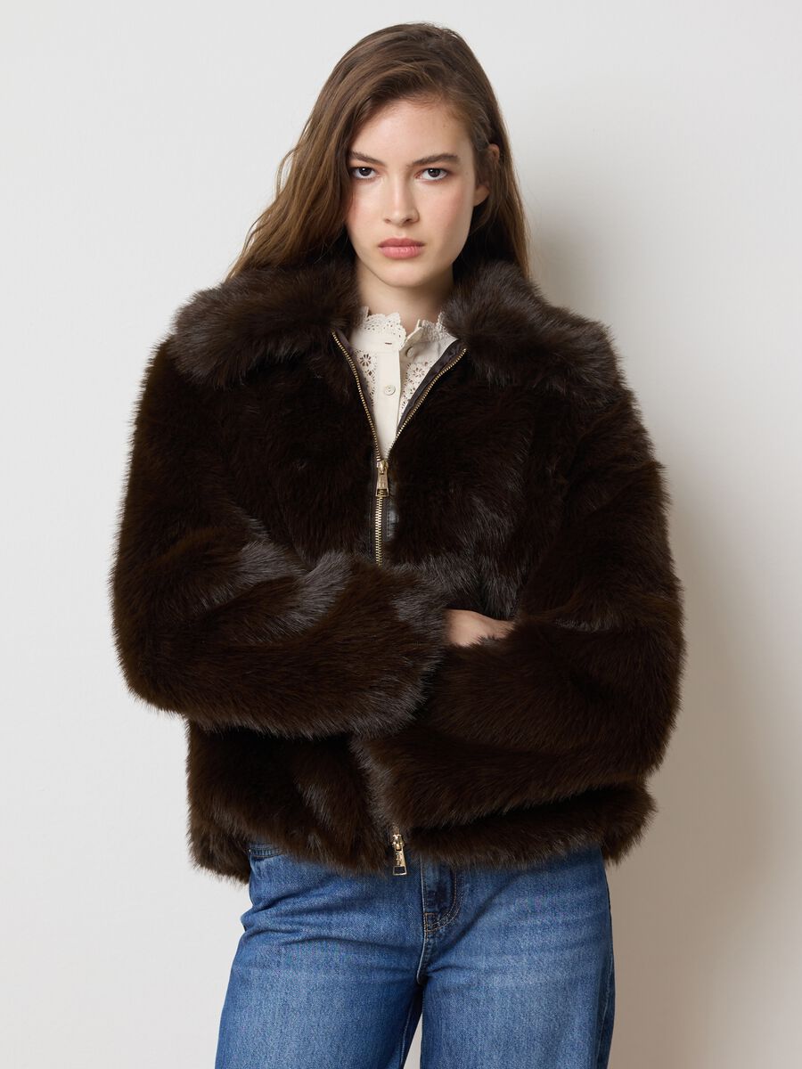 Brown lined regular fit jacket with zip_0