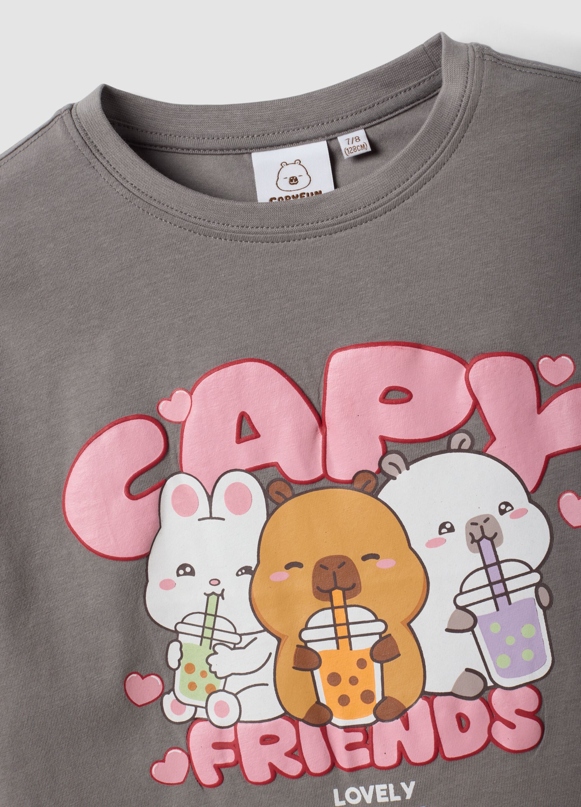 Girls&rsquo; grey stretch cotton T-shirt with capybara print