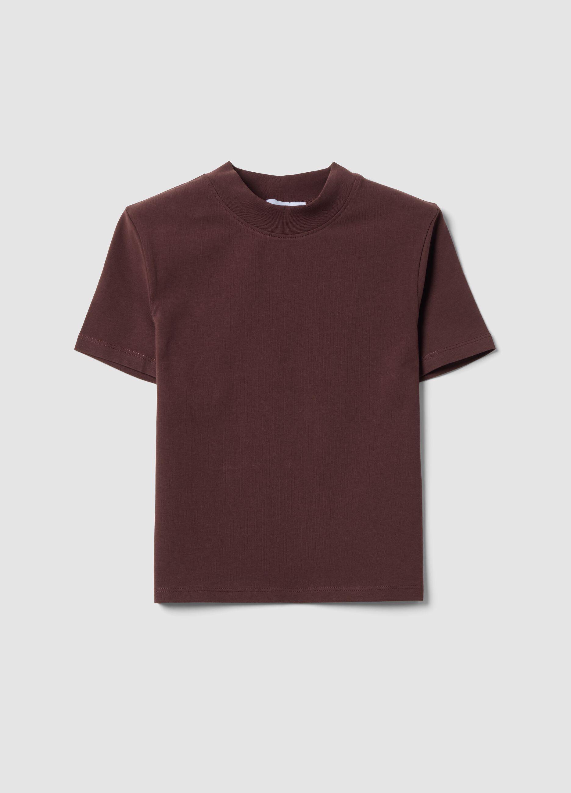 Brown fitted stretch-cotton T-shirt with raised neckline