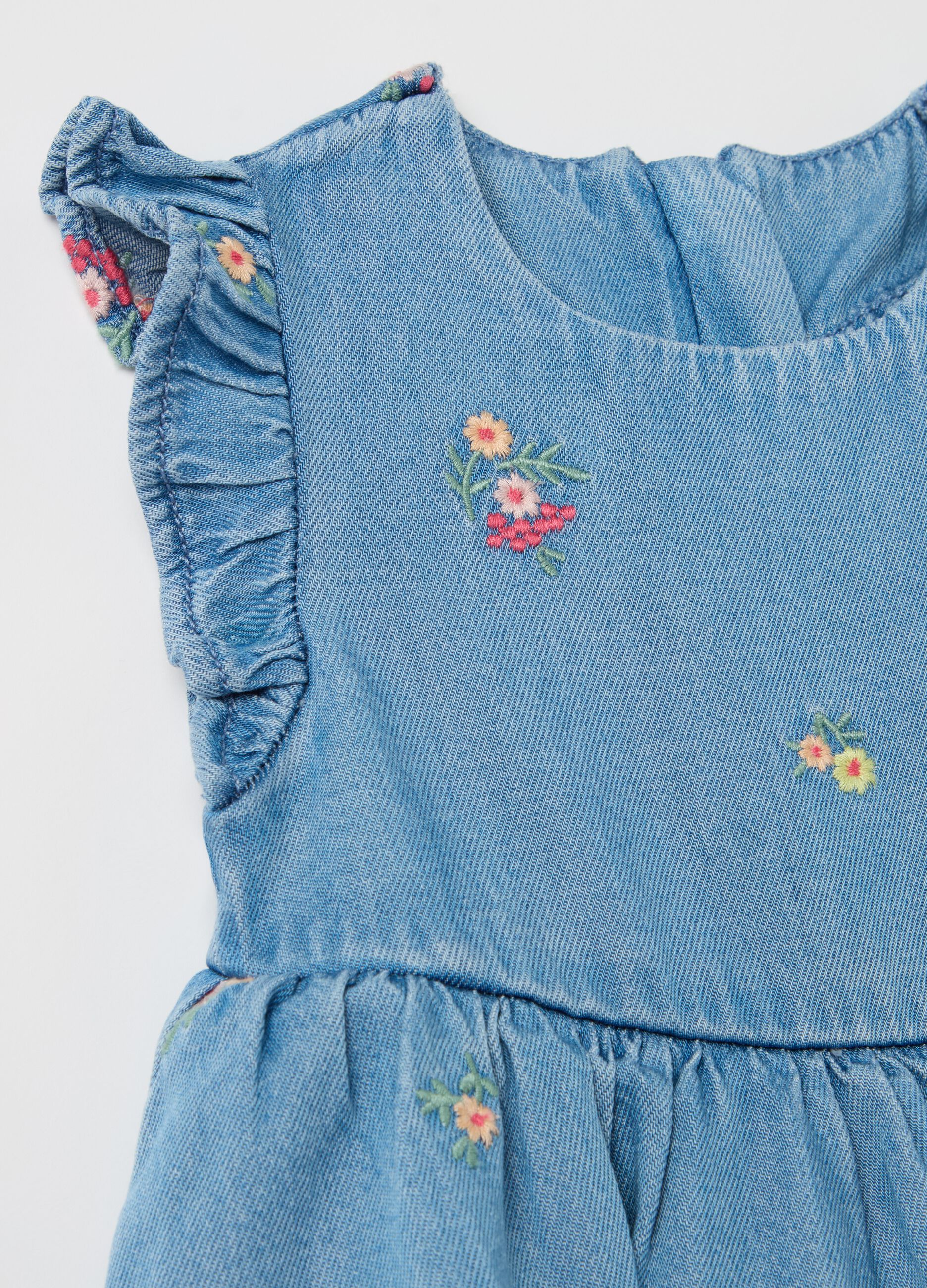 Tiered denim dress with flowers embroidery