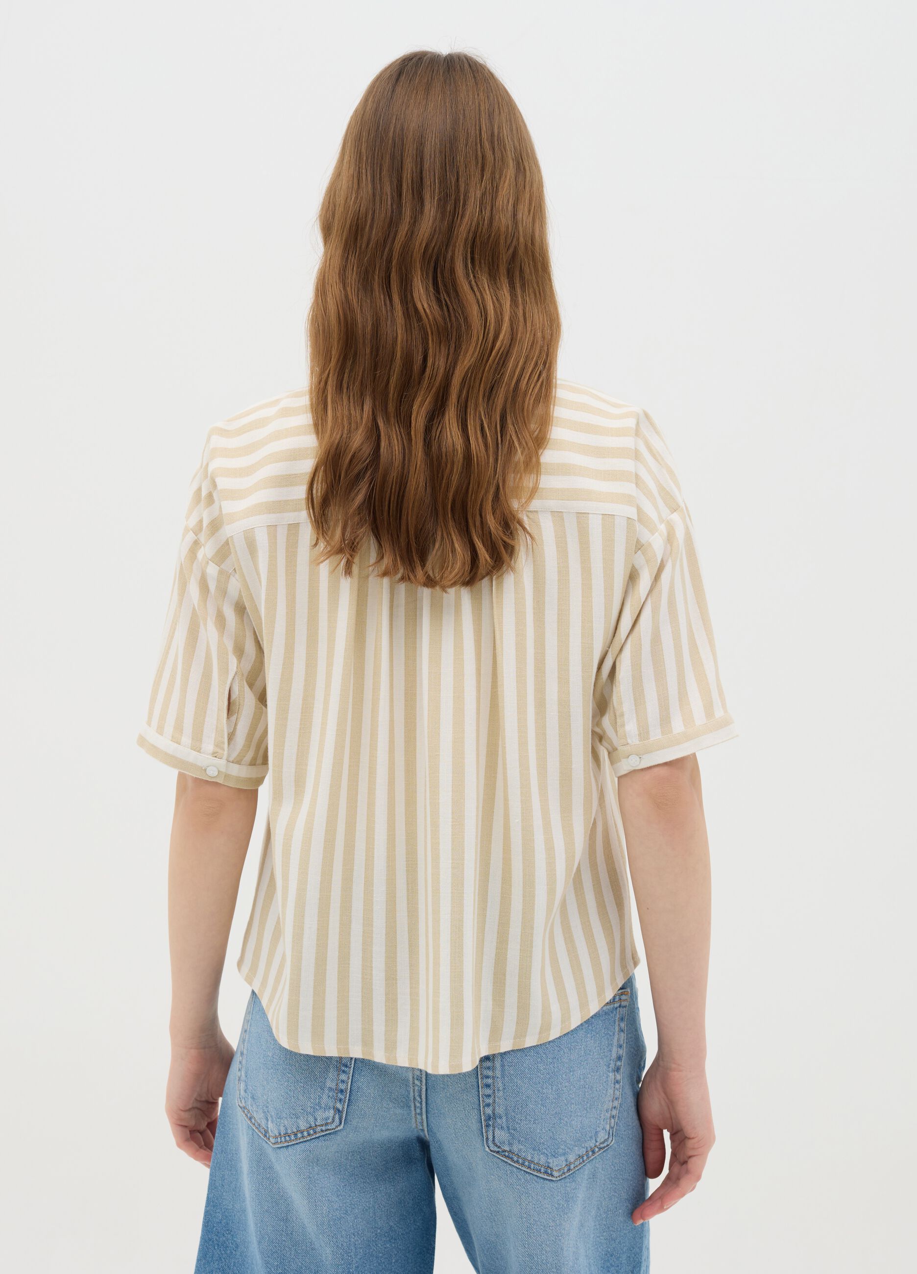 Beige and white striped linen and viscose shirt