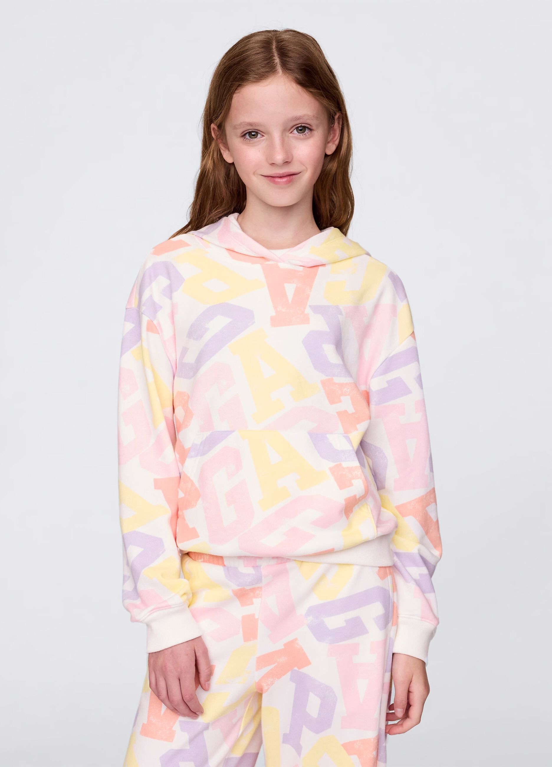 White sweatshirt with hood and logo print