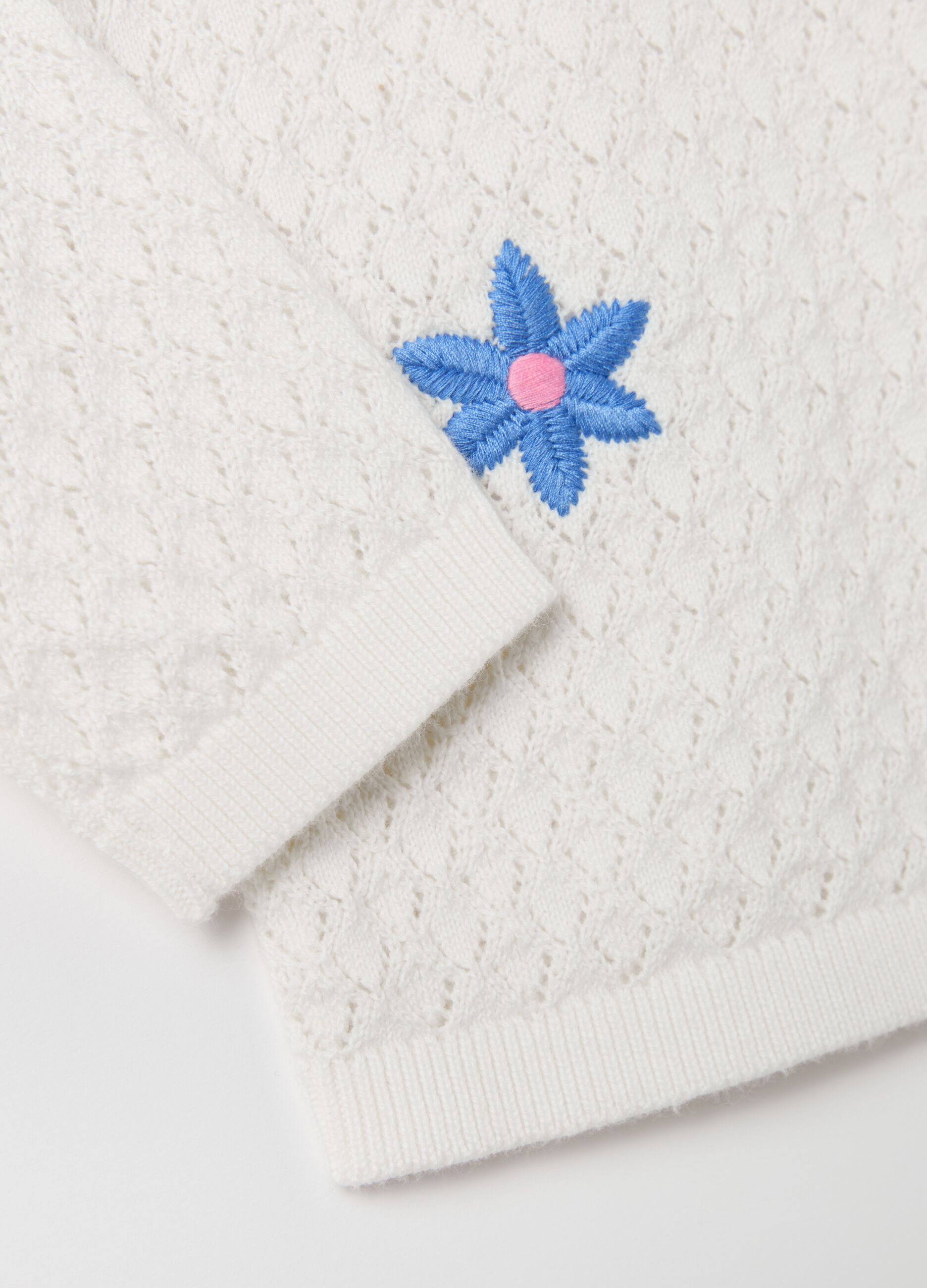 Pullover with pointelle design and flowers embroidery