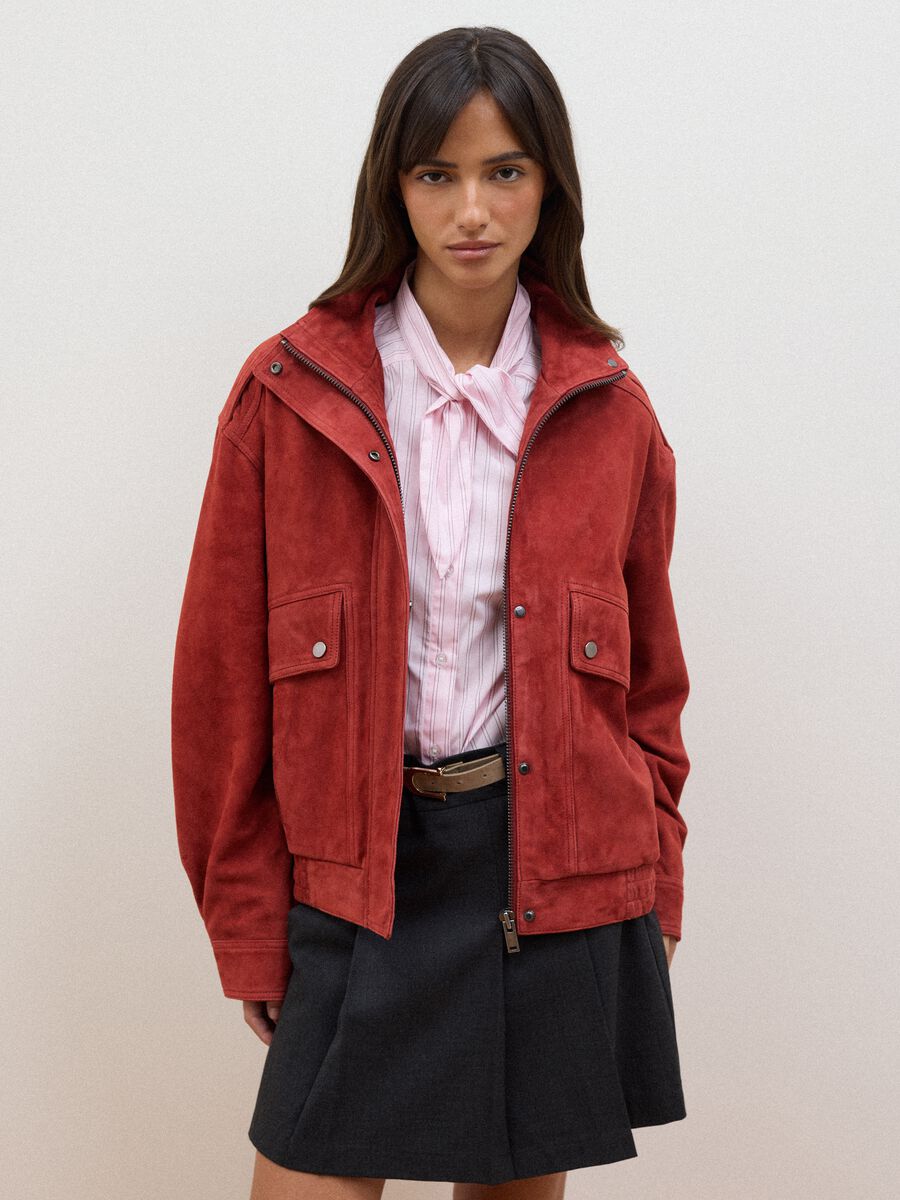 Bomber rosso in vera pelle con zip e bottoni regular fit_2