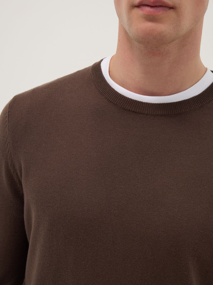 Brown crew neck cotton blend regular fit sweater_3